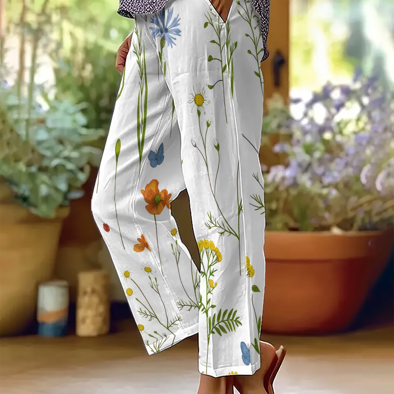 TEMU Pantalon décontracté pour femmes avec fleurs fraîches et papillons, motif de style naturel, avec cordon de serrage