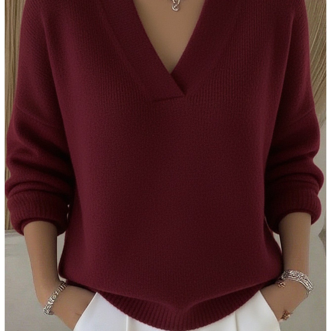 Image of Plus Size - 1 Women's V-neck Long-sleeve Cashmere Sweater, Loose-fitting Soft Pullover, Basic Solid-color Lightweight And Warm Top For Commuting And Everyday Wear, Fall/winter Style