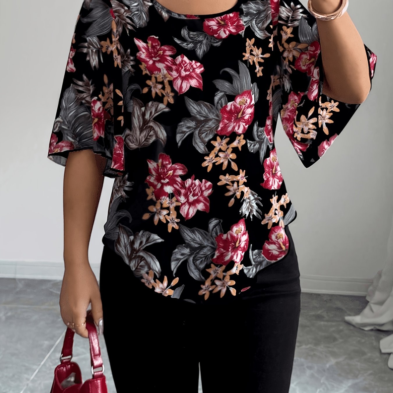 TEMU Women's Floral Print Loose Fit Casual Short Sleeve Shirt