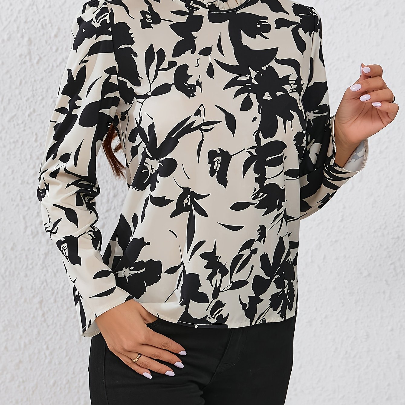 TEMU Floral Print Mock Neck Blouse, Elegant Long Sleeve Blouse For Spring & Fall, Women's Clothing