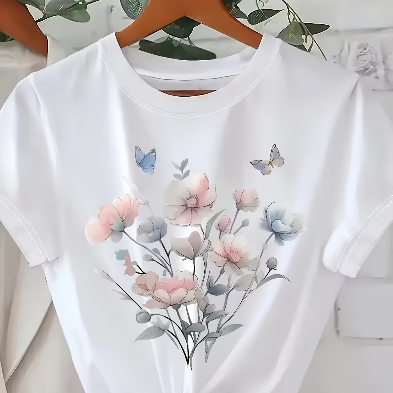 TEMU Women's Watercolor Floral Short Sleeve T-shirt | Chic Crew Neck, Floral Gradient Print, Versatile Daily Top