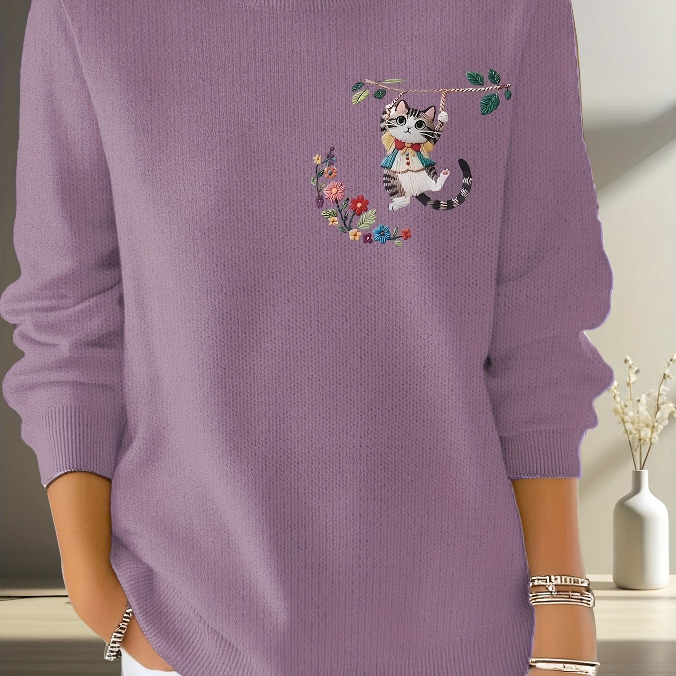 TEMU "2d Print Embroidery" Pattern , Women's Round Neck Long Sleeve Fine Sweater, Slightly Stretchy Comfortable Soft Fabric,loungewear Clothing