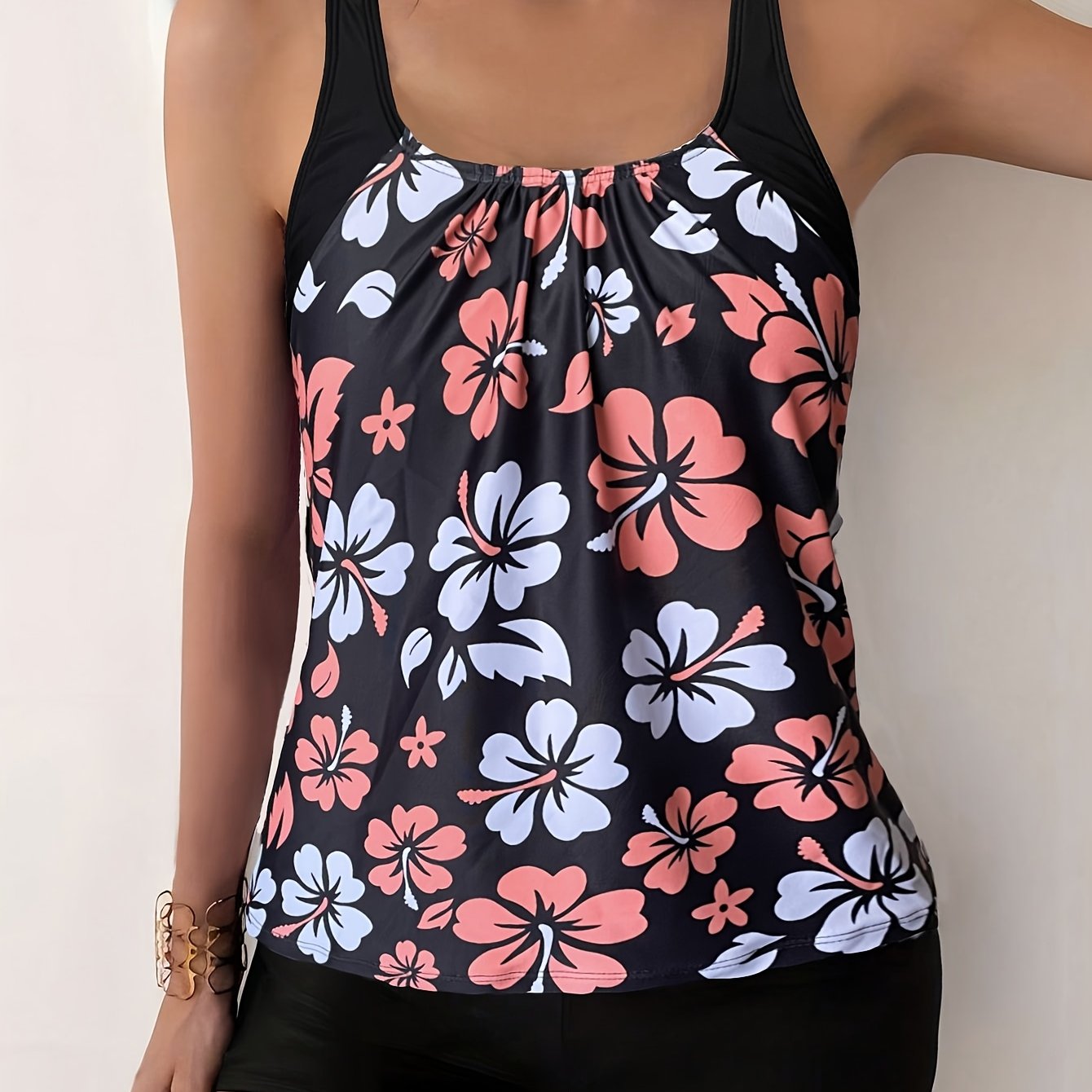 2pcs Black Spliced Random Print Tank Top And Black Flat Leg Shorts Trade Tankini Set