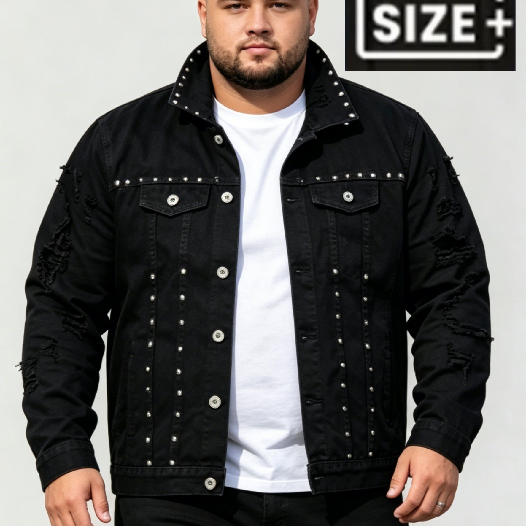 Image of [allsro] Y119 Four-season Men's Trendy Plus Size Denim Jacket, Regular Fit Jacket, Vintage Washed , Personalized Rivet Decoration, Open Front Button Closure, Retro Fashion Wear Plus Size Denim Jacket