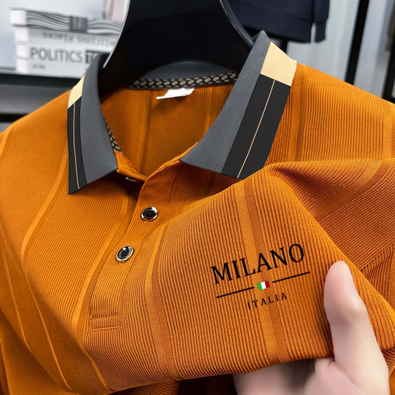 TEMU [qiaoximei Obm] Men's Fashion Jacquard Casual Knit Shirt, Chic Color-block Short-sleeved Lapel Shirt, Suitable For Outdoor Activities Such As