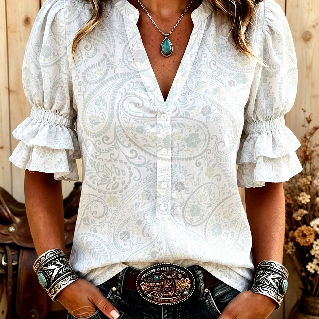 Image of Women's Summer V-neck Partial Button Blouse Paisley Pattern Print Puff Sleeves With Cuffs, Elegant Casual , Machine Washable, Suitable For Daily Outfits And Party Gatherings, Perfect Gift Option
