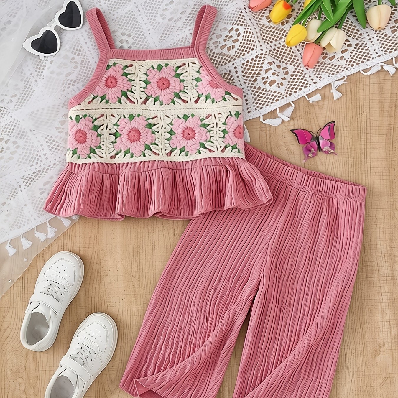 Image of Summer Toddler Girls' Floral Crochet Suspender Wide-leg Pants Set, Ruffle Suspender Top + Wide-leg Pants 2pcs Set, Children's Korean-style Outfit, Perfect For Outdoor