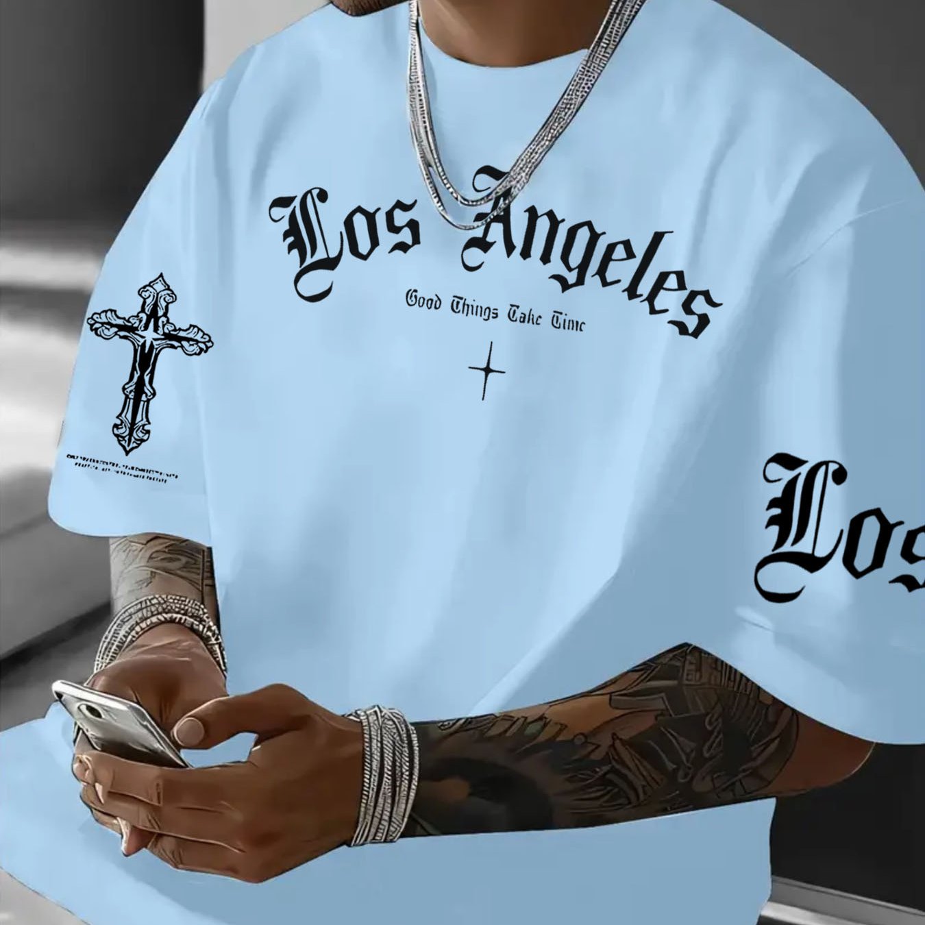 Image of Niuwang Men's Short Sleeve T-shirt, Summer Letter Print, Heavyweight Loose Fit Half Sleeve, American Trendy T-shirt