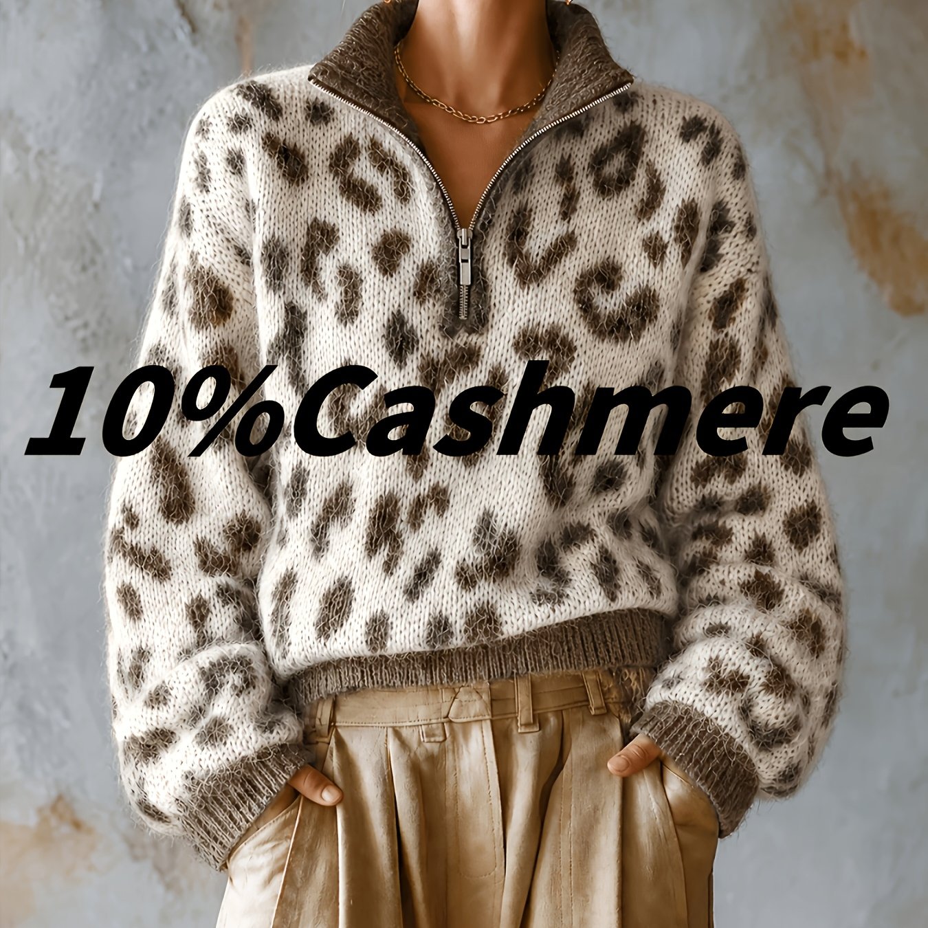 TEMU Pull Femme Tendance Imprimé Léopard Semelle Plate Demi-Zip, Col Marron Contrasté Épaules Dénudées Rétro Manches Longues (Teneur en Laine) [ASD1]