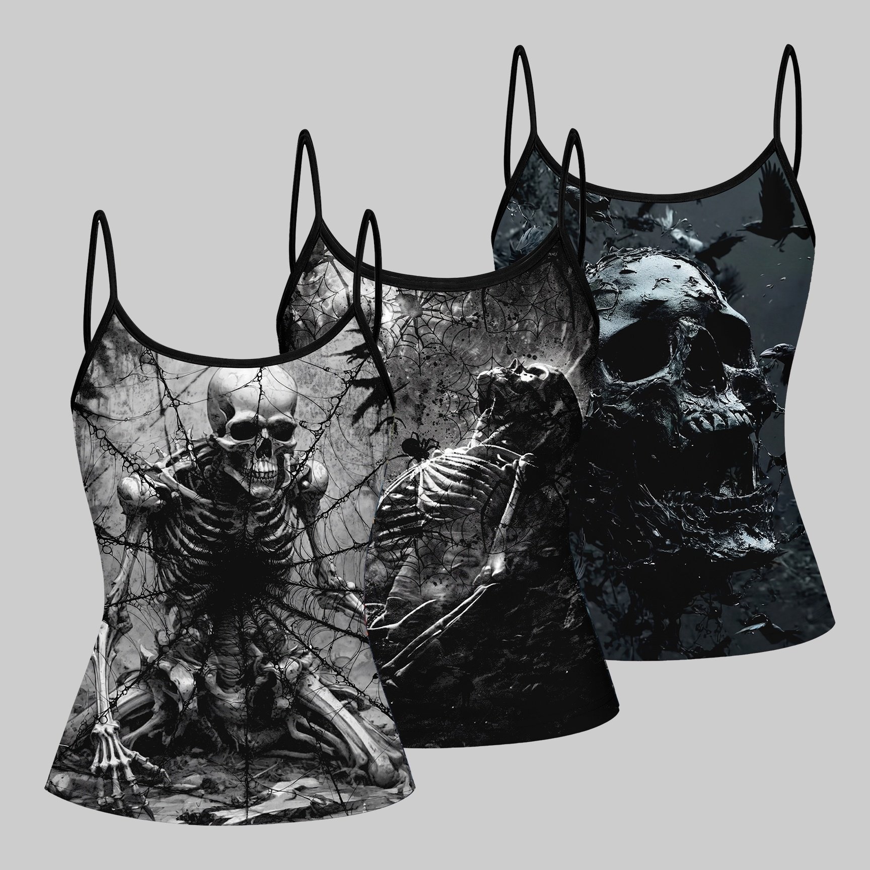 TEMU Women's 3pcs Set, Gothic Skull Print Camisole, Summer Hot Slim Fit Figure-flattering Top For Layering Or Wearing Alone