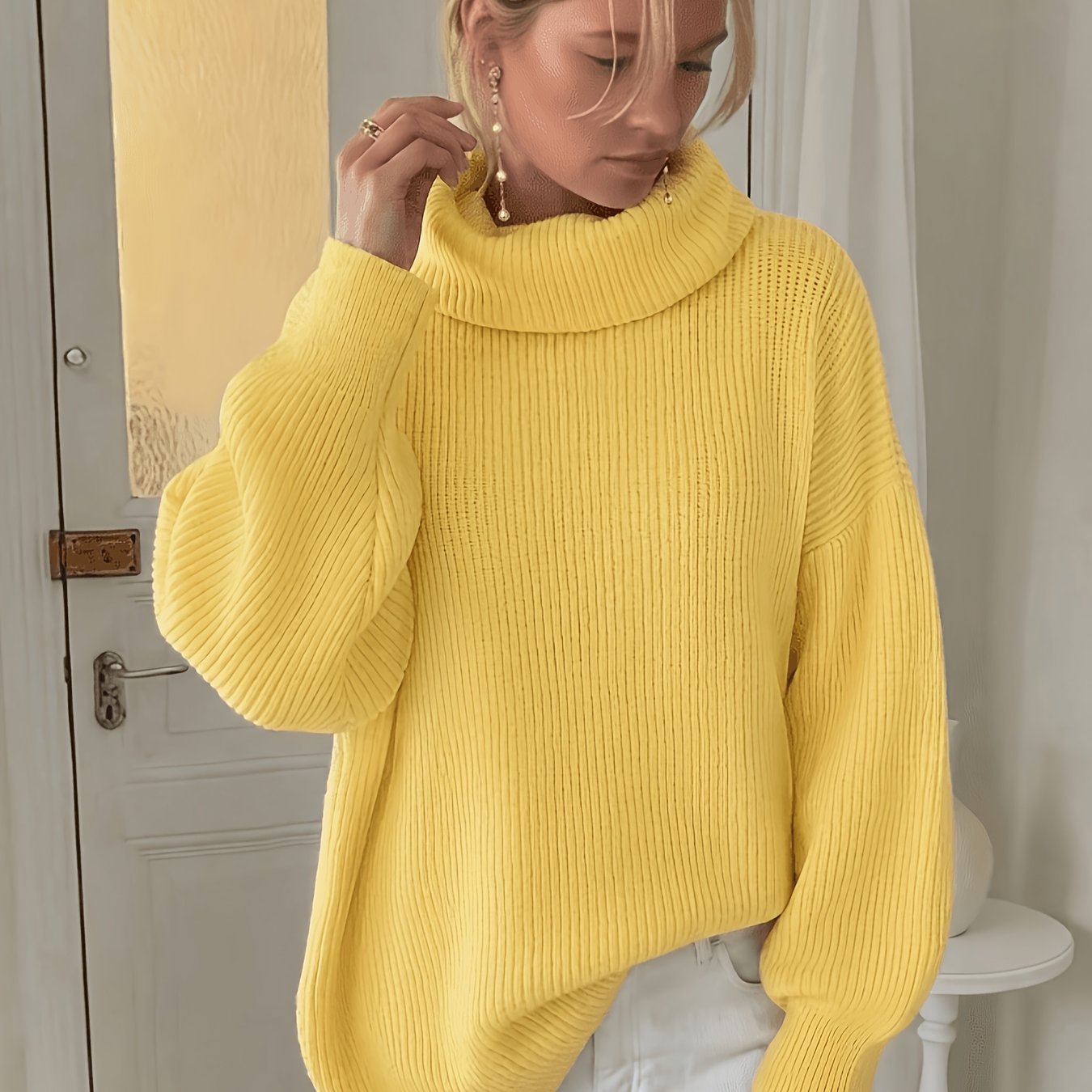 TEMU Women's High-neck Long Sleeve Sweater - Solid Color Ribbed Pullover, Thickened Mid-length Warm Sweater For Autumn/winter, Loose Casual Slouchy
