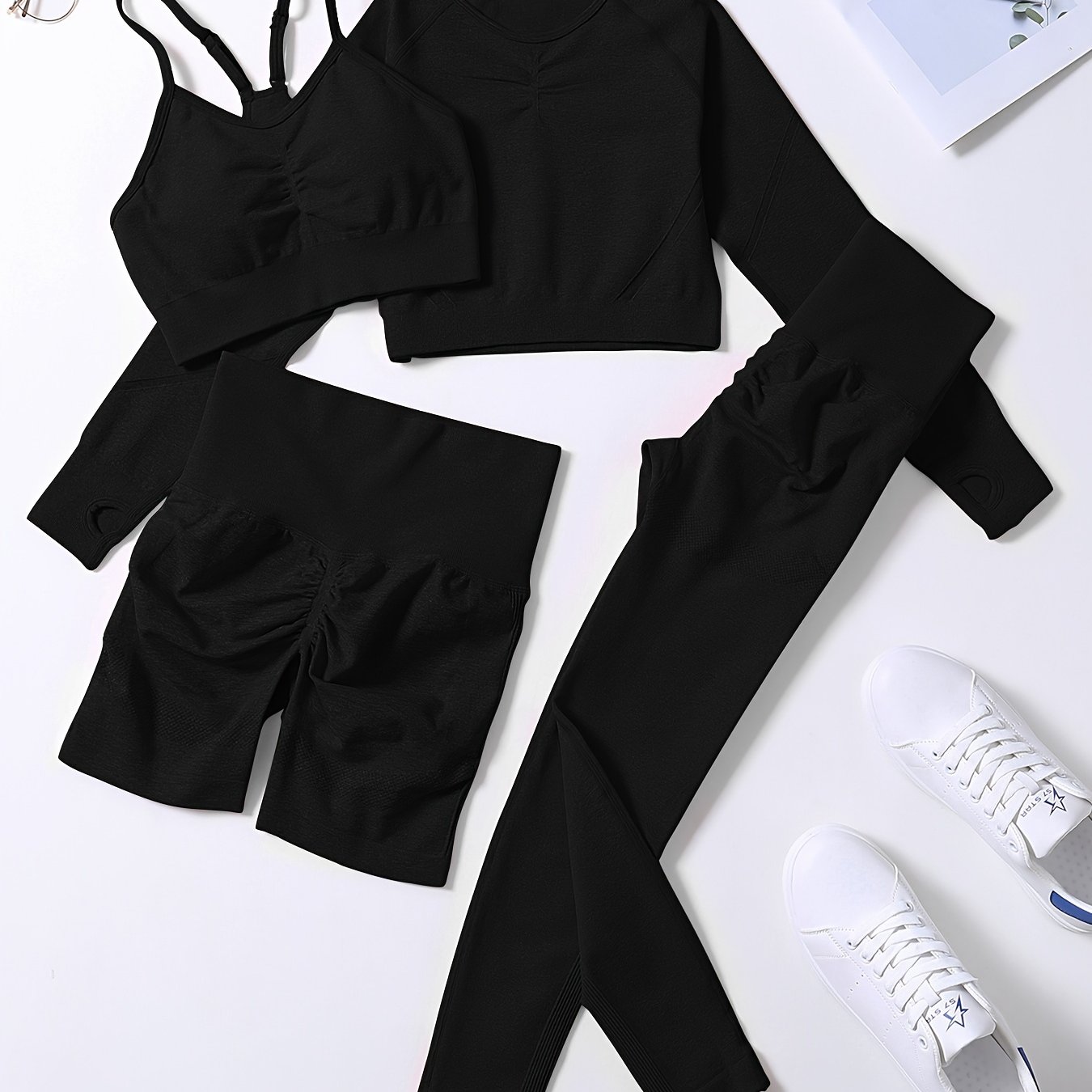 Image of Style Workout Outfits For Women 4pcs Ribbed Seamless Crop Tank High Waist Yoga Leggings Sets