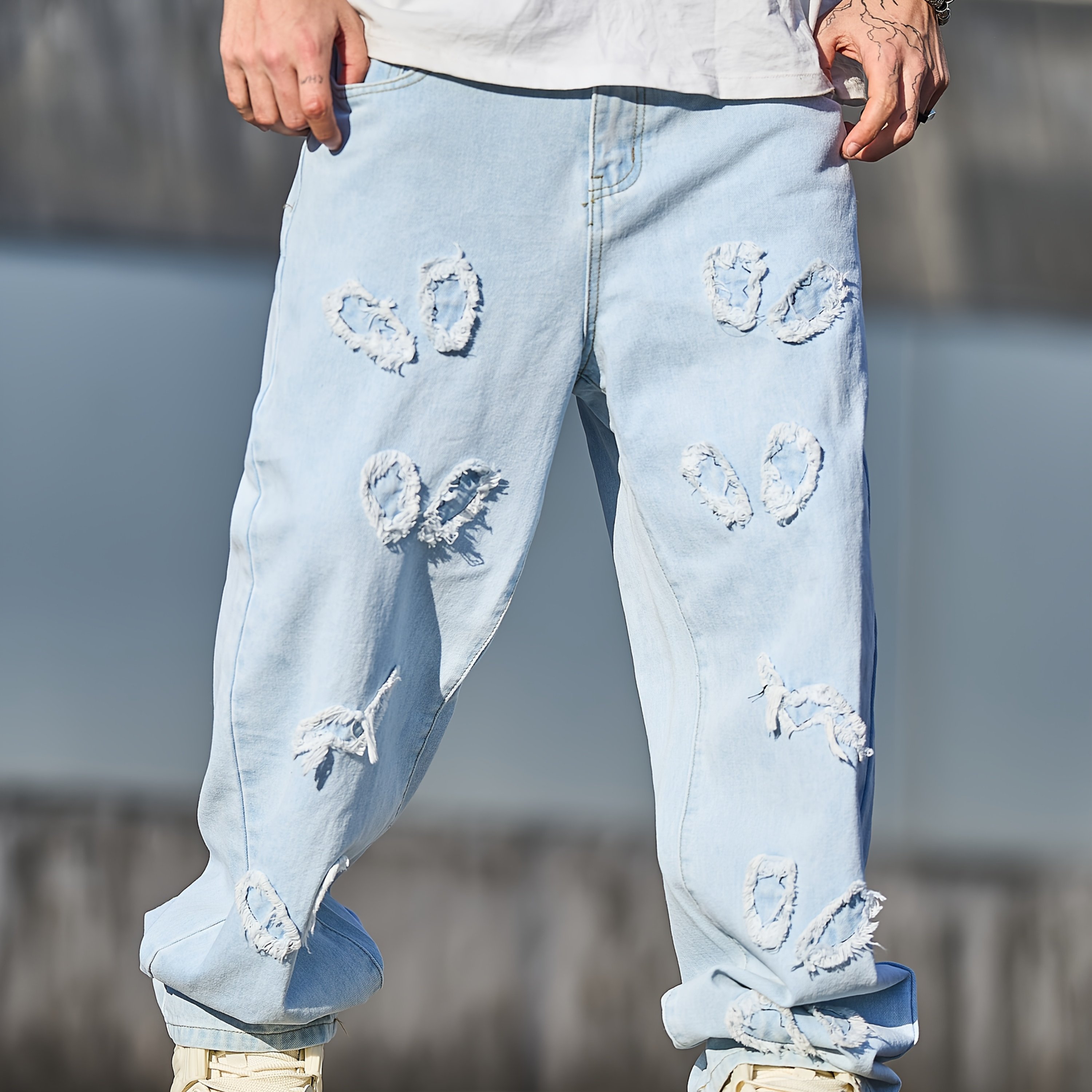 Image of 2024 New Retro Frayed Distressed Heart Pattern Casual American-inspired Loose Fit Straight-leg Wide-leg Jeans