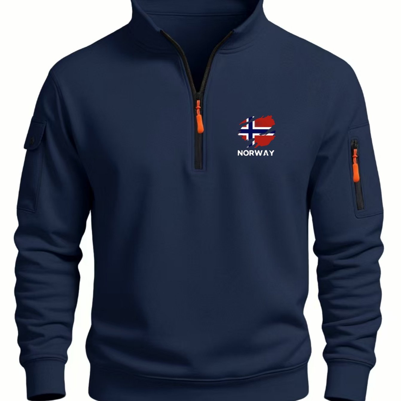 TEMU Comfortable Nordic Style Men's Casual Outerwear With Contrast Color Zippered Arm Pockets And "norway" Lettering Stand Collar Sweatshirt