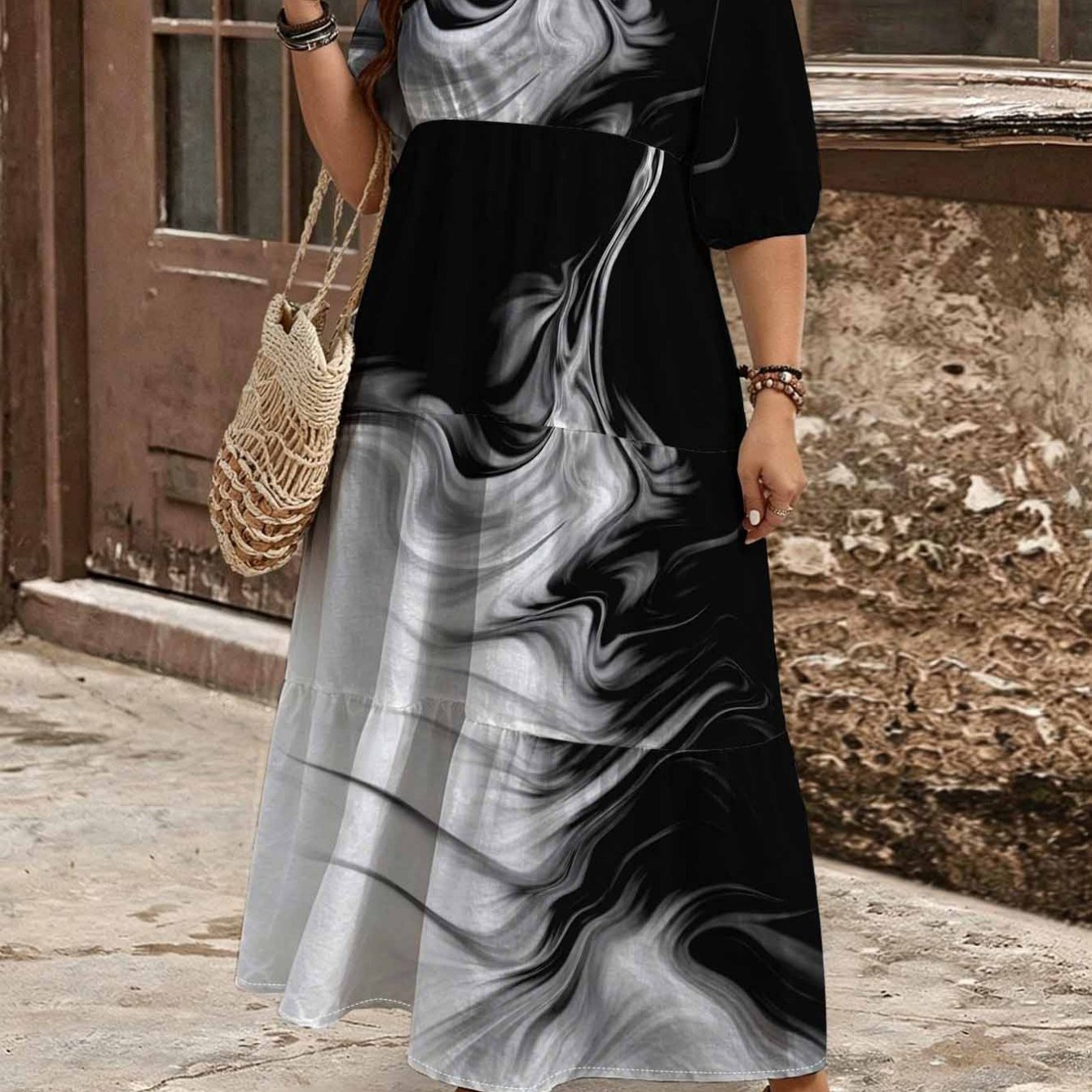 Image of Plus Size, Summer Plus Size Marble Swirl Printed Bubble Shortsleeved Maxi Dress. Layered Cake . Elegant Artistic Bohemian Loosefitting Aesthetic Minimalist Resort Vacation Beach Dress.