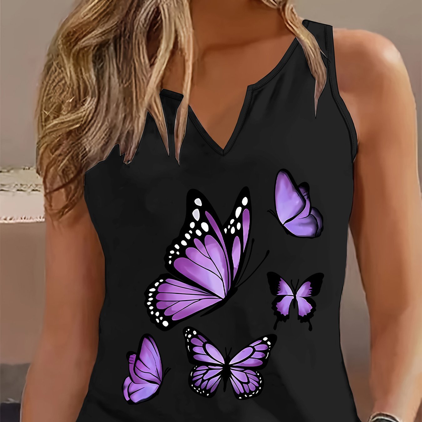 TEMU Women's Sleeveless V-neck Tank Top With Vibrant Purple Print - Lightweight Polyester, Casual Summer Wear, Machine Washable, Print Top