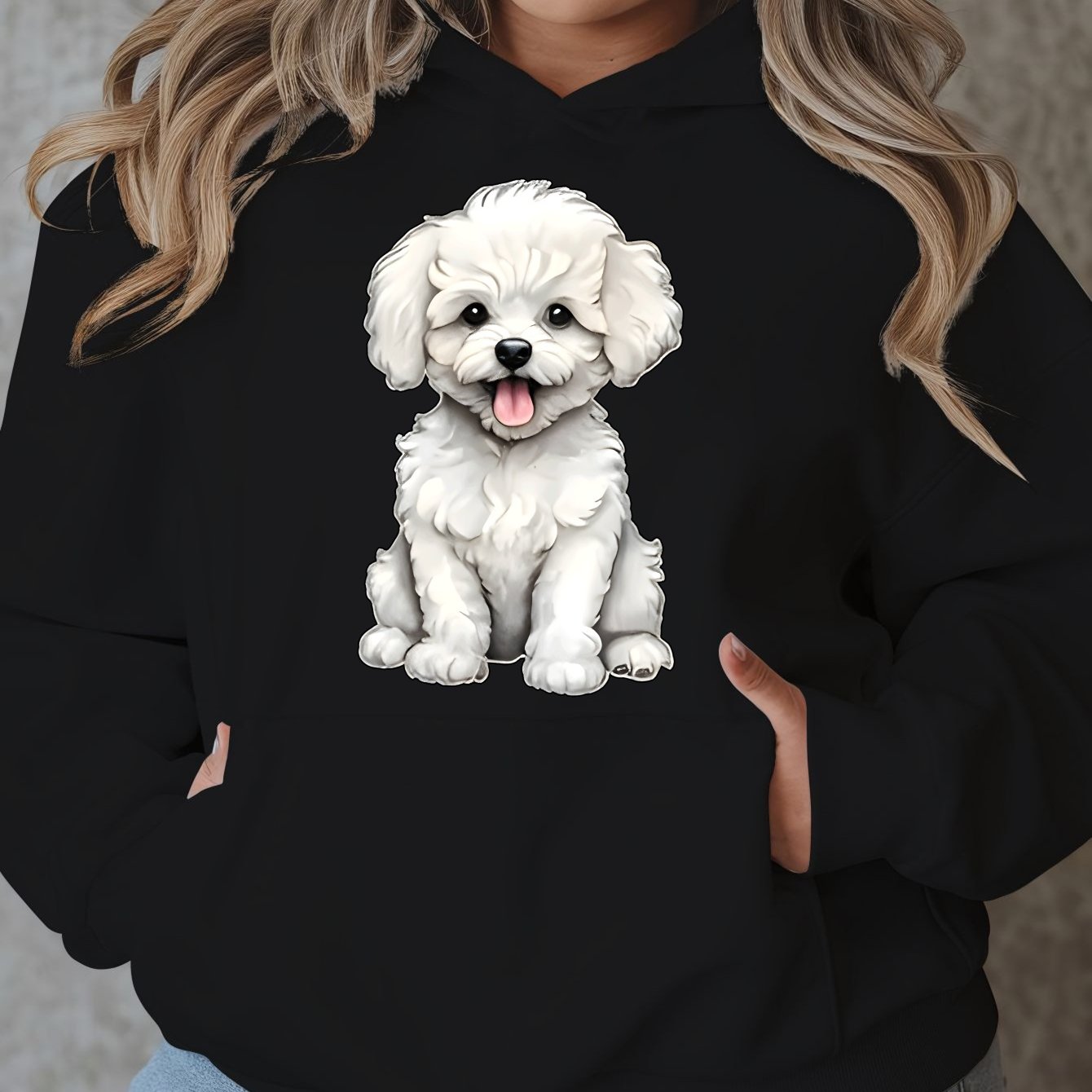 TEMU Plus Size Dog Print Kangaroo Pocket Hoodie, Casual Long Sleeve Hoodies Sweatshirt For Spring & Winter, Women's Plus Size Clothing