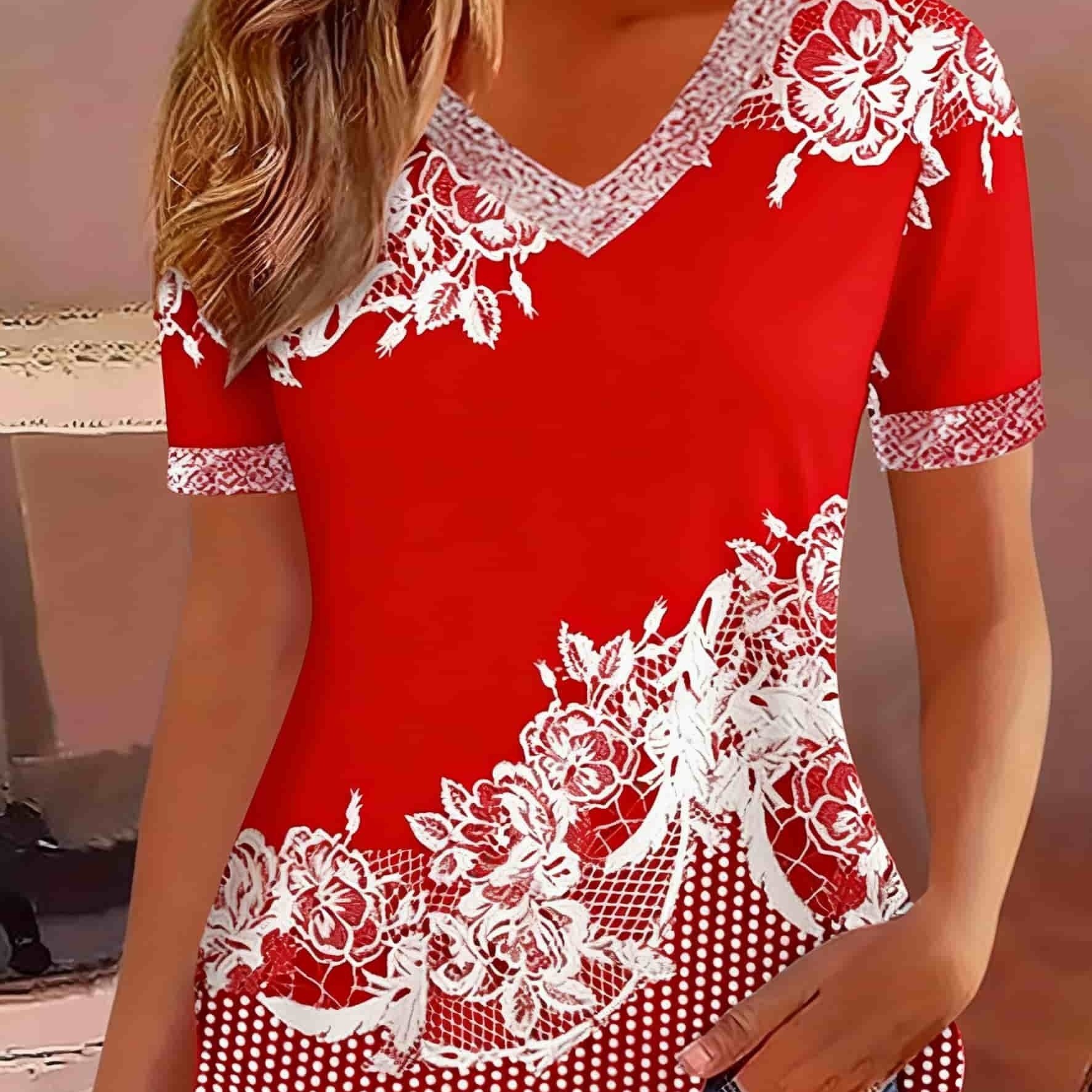 TEMU Plus Size - Plus Size - Plus Size Elegant Women's V-neck Short Sleeve Shirt, With Contrasting And 3d Floral Print - Black And White Contrast,