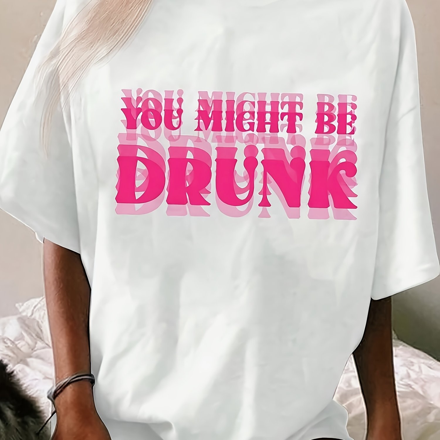 Image of Women's Funny "you Drunk" Graphic T-shirt - White Tee With Pink Lettering - Soft Breathable Everyday Casual Shirt - Machine Washable Party Outfit Essential