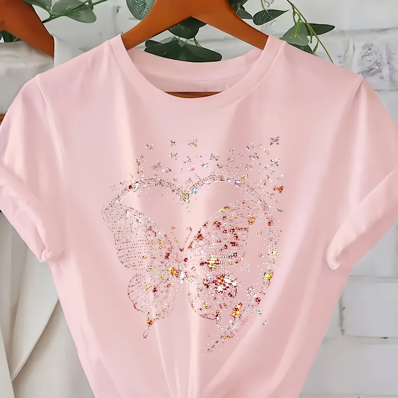 E-shop 1 Stück Damen T-Shirt mit glänzendem Schmetterlingsprint, Rundhalsausschnitt, kurze Ärmel, lässiges, bequemes Oberteil für den täglichen