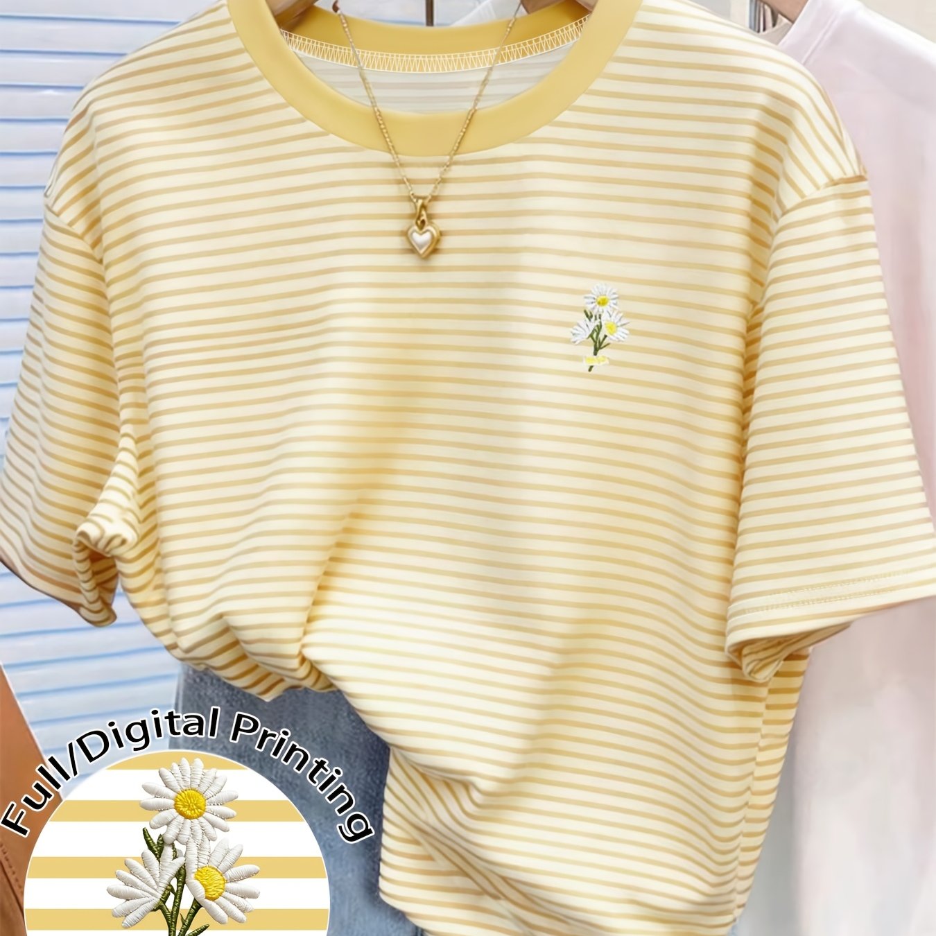 E-shop Damen T-Shirt mit Rundhalsausschnitt, gelb-weiß gestreift mit Gänseblümchen, lockere Passform, lässiges vielseitiges Oberteil