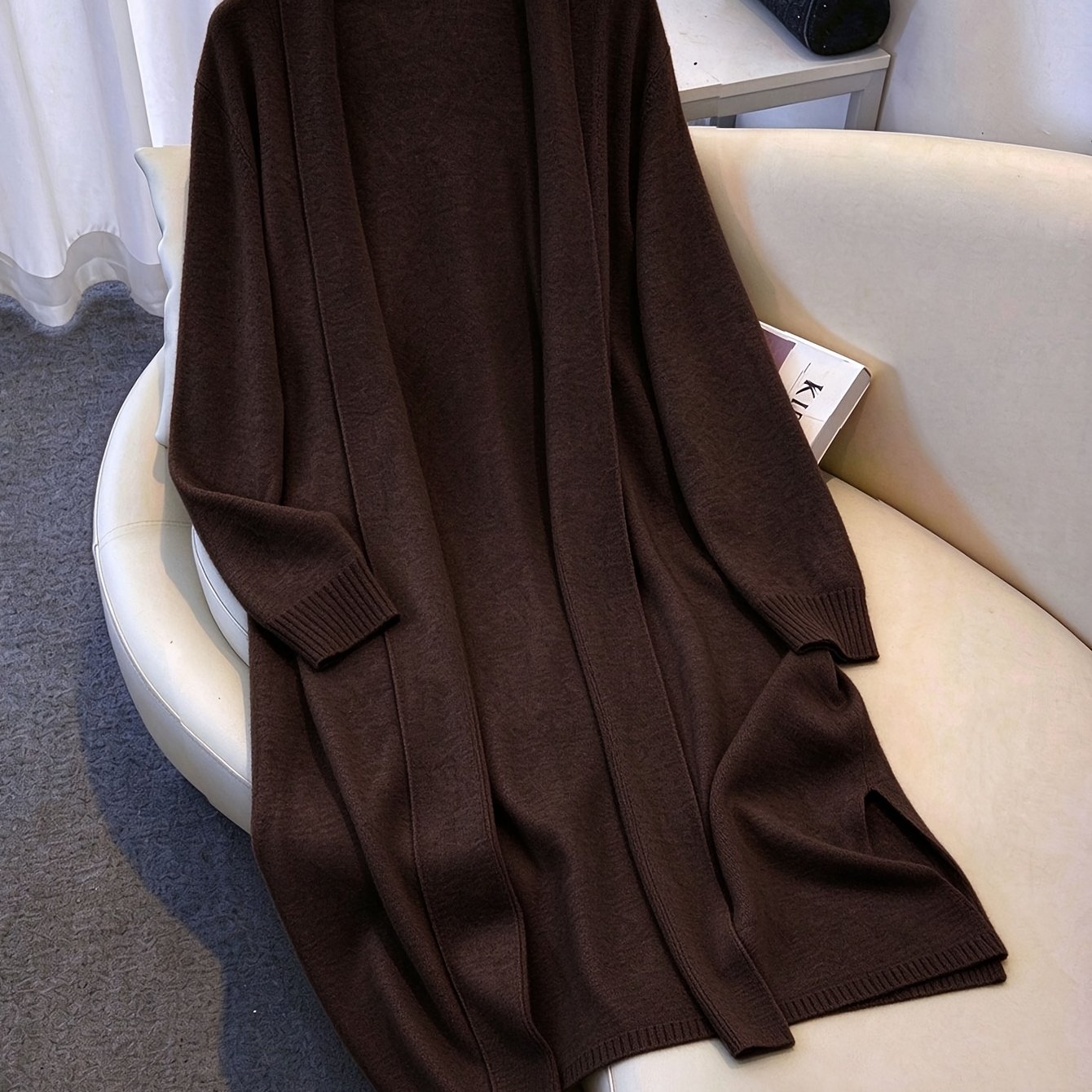 TEMU Lazy Style Long Cardigan Women's Spring Autumn Loose Over-the-knee Open Front Coat Versatile Outerwear Side Slit Easy Sweater Qd260615164
