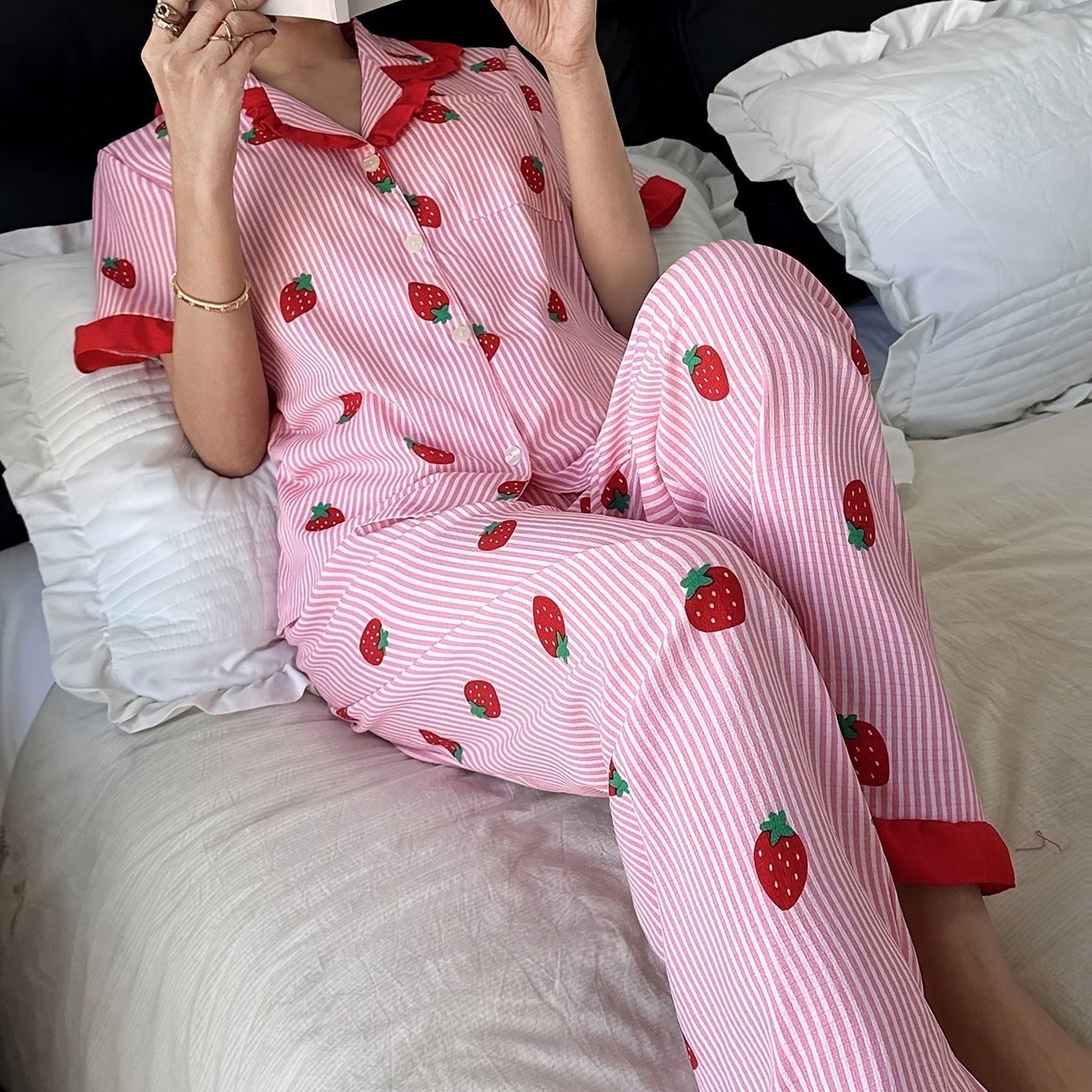 TEMU 2pcs Women's Pajama Set, Pink Small Floral Print Ruffle Trim Women's Short Sleeve Long Pants Pajama Set, Open Front Lapel Comfortable Pajamas -