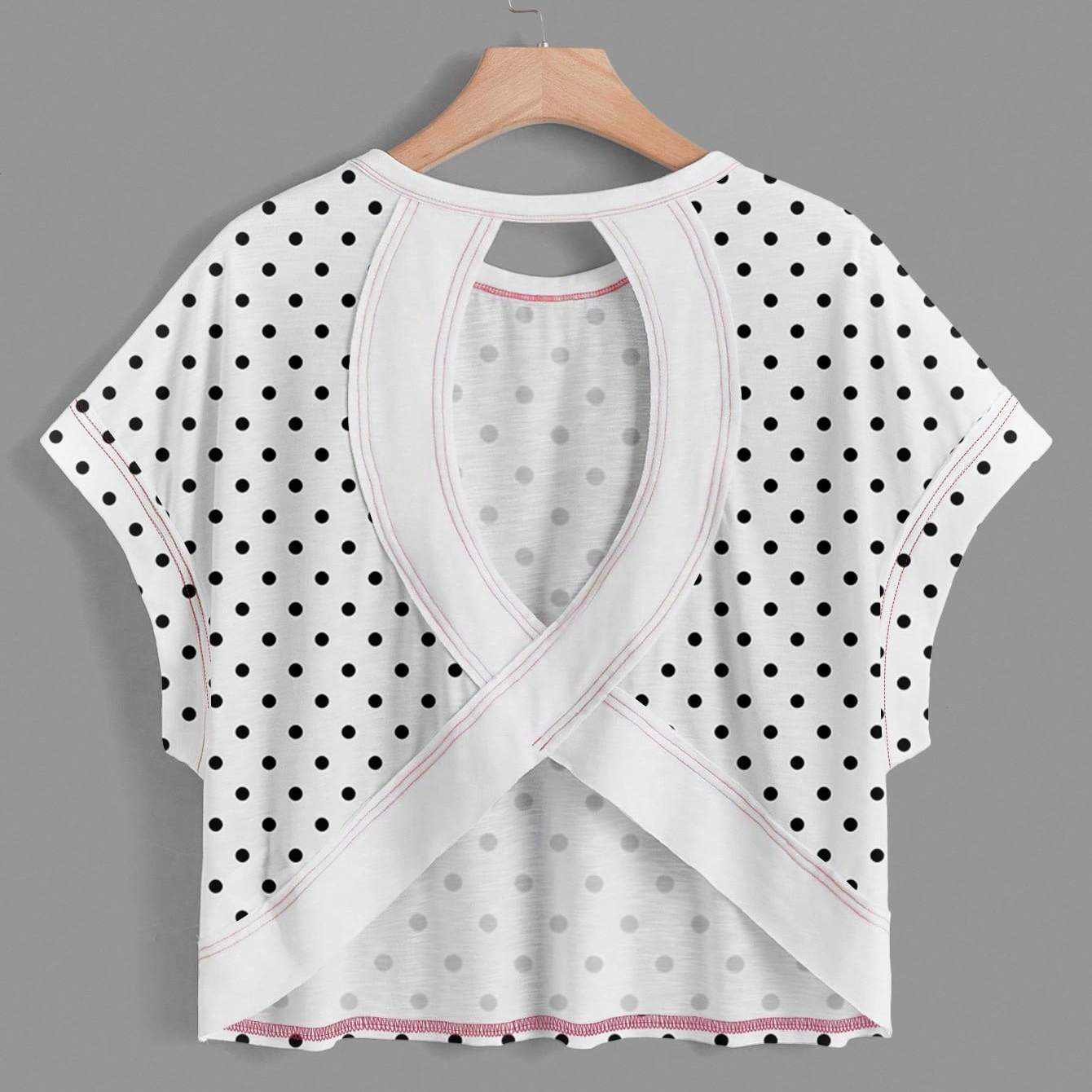 TEMU Women's Casual Round Neck Backless Retro Polka Dot Print Asymmetrical Hem Loose Sleeveless T-shirt, Suitable For Summer, Vacation, , Travel,