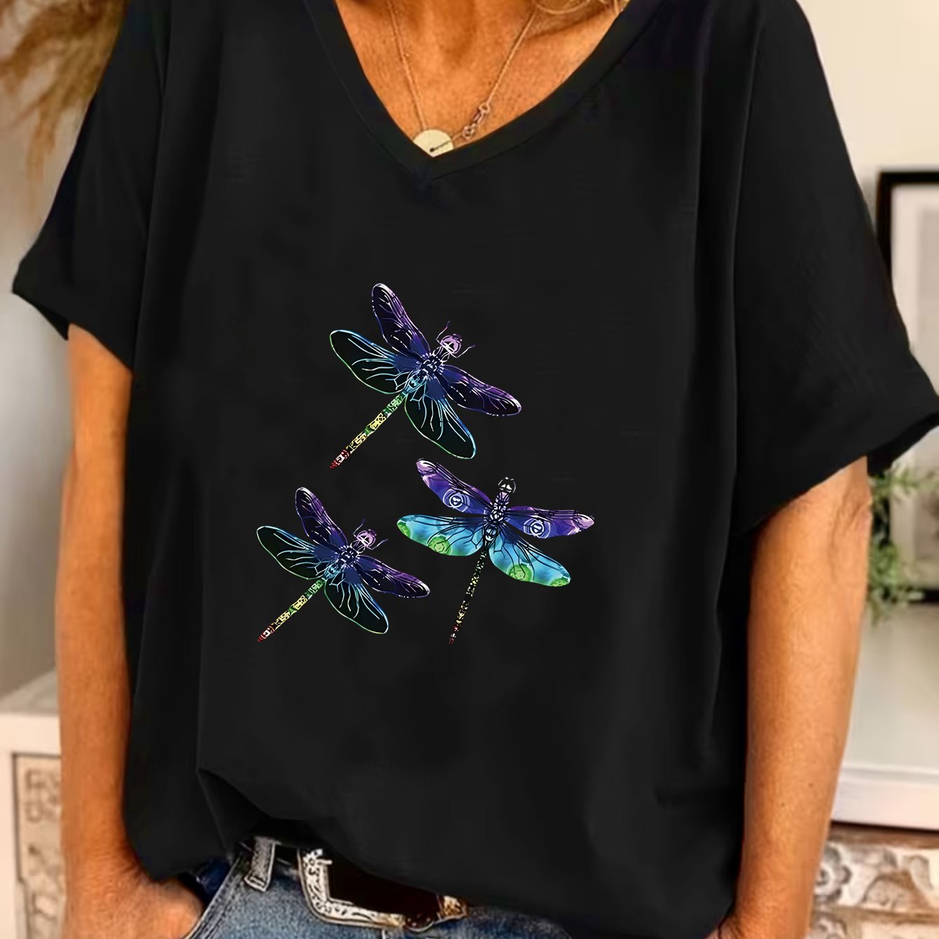 TEMU Plus Size - Plus Size - Plus Size 1xl-8xl Women's Loose Short Sleeve V-neck, Dragonfly Pattern Print, Batwing Sleeve Design Casual Top, Elegant