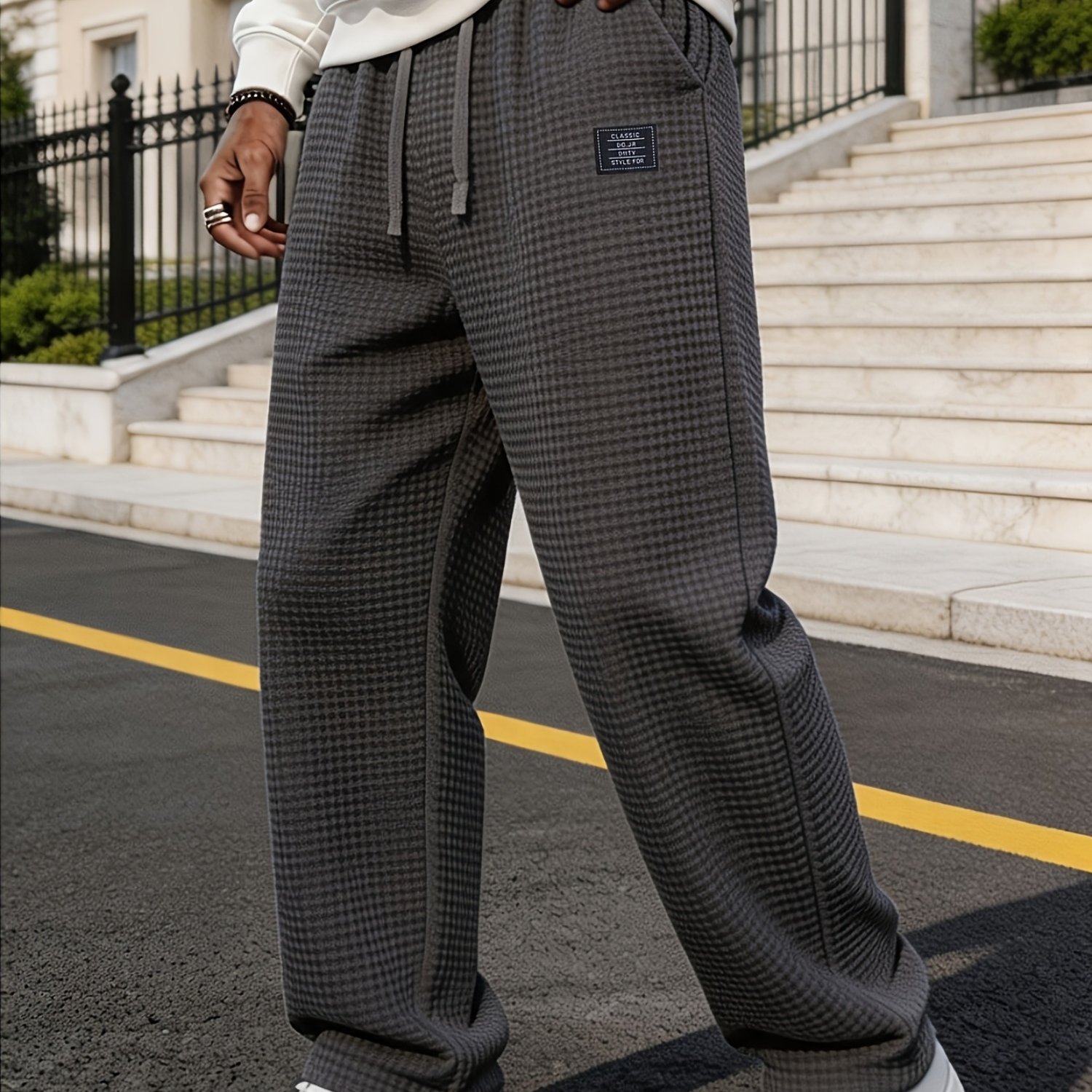 TEMU Trousers For Men High Quality | Autumn Men's Heavyweight Small Checkered Casual Trousers, Soft Knit Waffle Texture Fabric, Warm Drapey Wide-leg