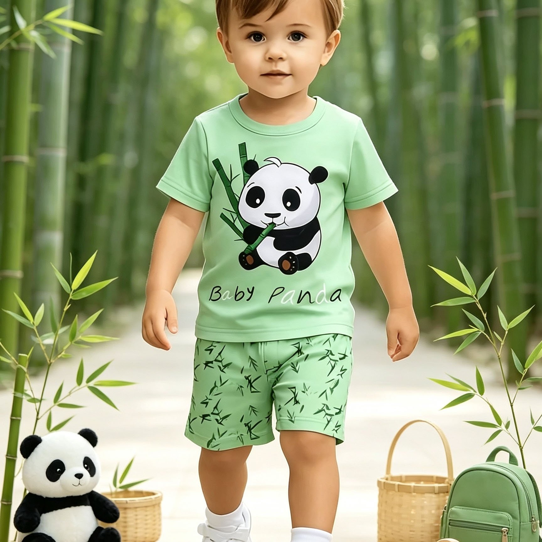 Cute Panda Boys 2 Piece Set Light Rayon Rayon Leaf Print Comfortable , For Outdoor