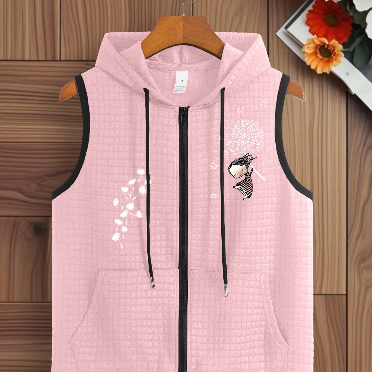 TEMU Women's Casual Vest With Dandelion Pattern Print And Zipper, Polyester Sleeveless Jacket With Pockets
