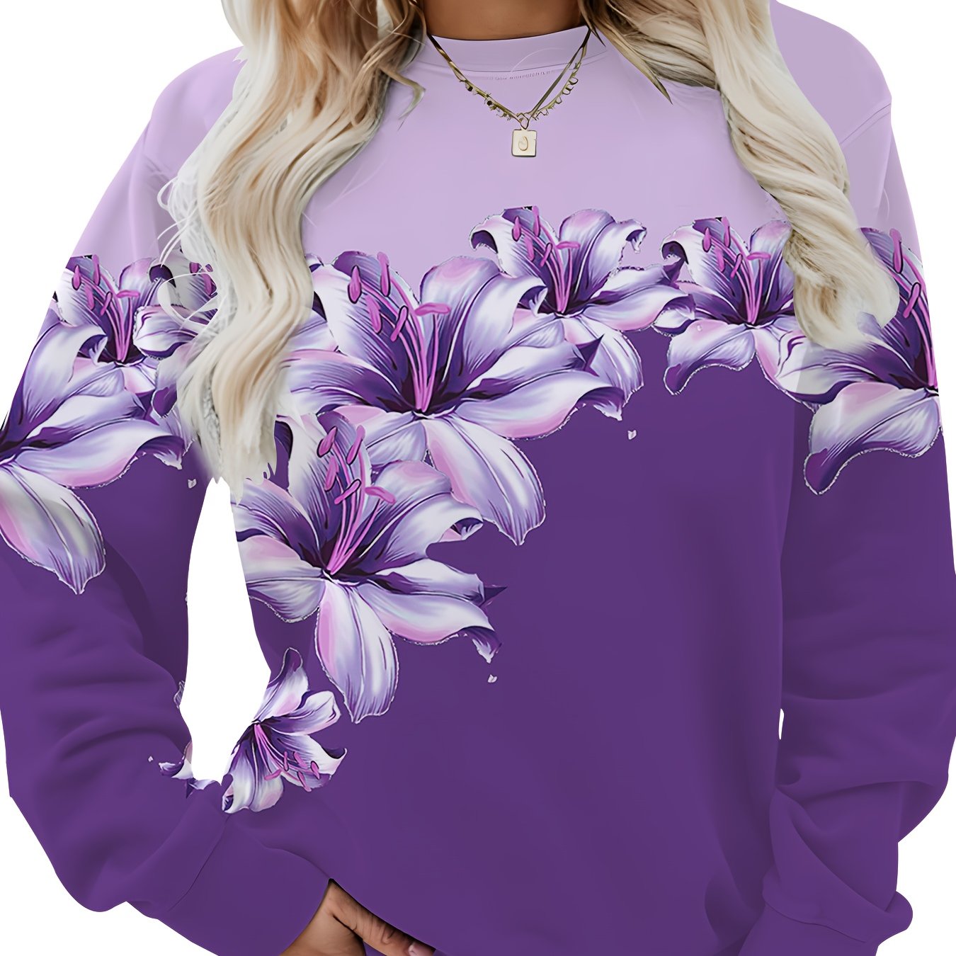 TEMU Sweat-shirt de sport décontracté grande taille pour femmes, col rond, avec un dégradé violet et des imprimés floraux , et vibrant avec un style