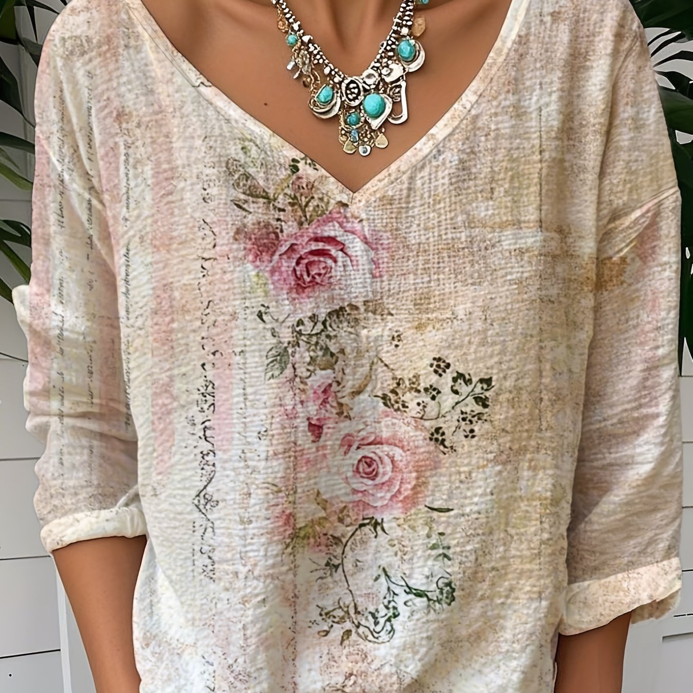 Image of Vintage Casual 3d Floral Print V-neck Long-sleeve Shirt