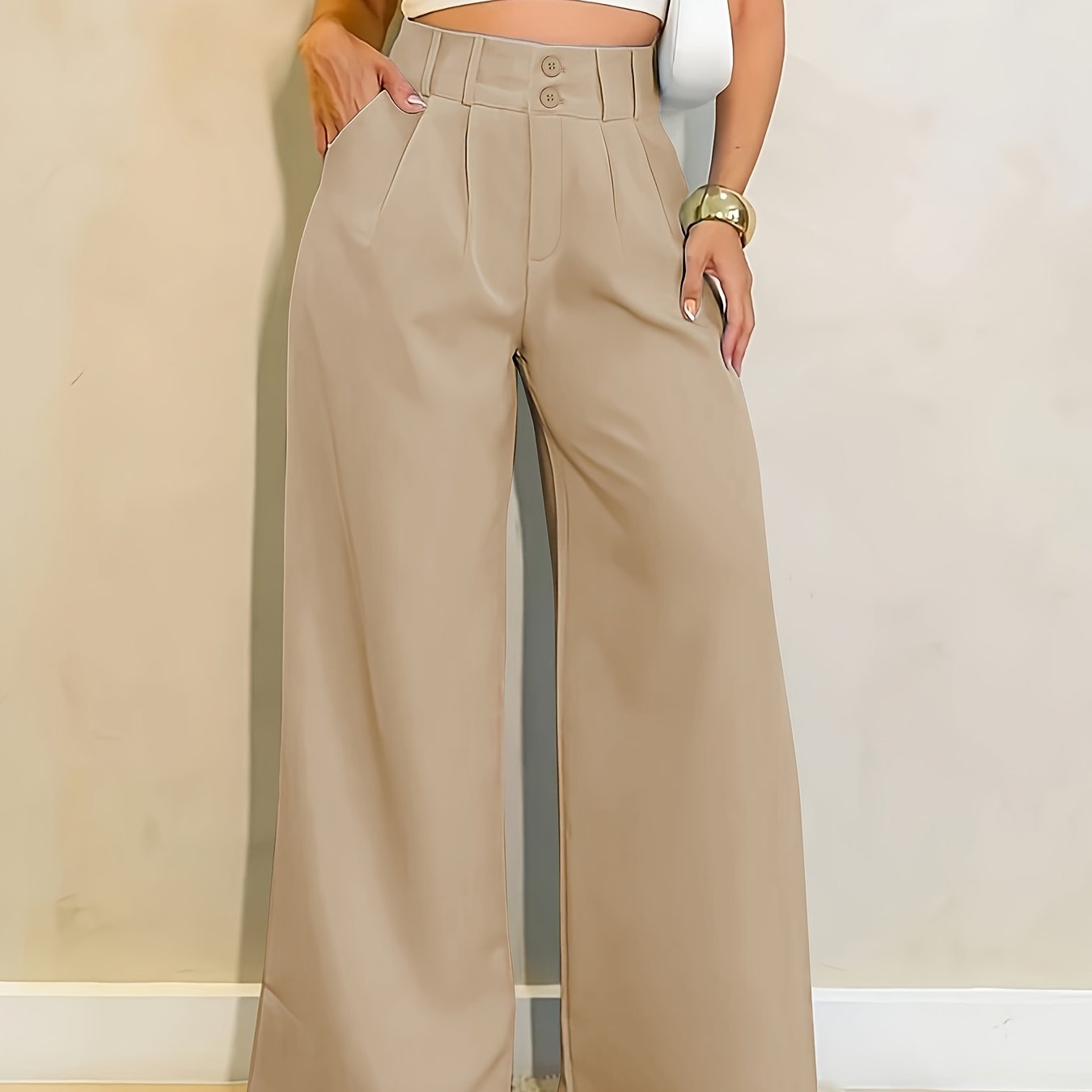 TEMU Elegant Ladies' Straight-leg Trousers With Front Slant Pocket | Non-transparent Fabric, Wide Waist, Loose Fit, Suitable For , Machine Washable,