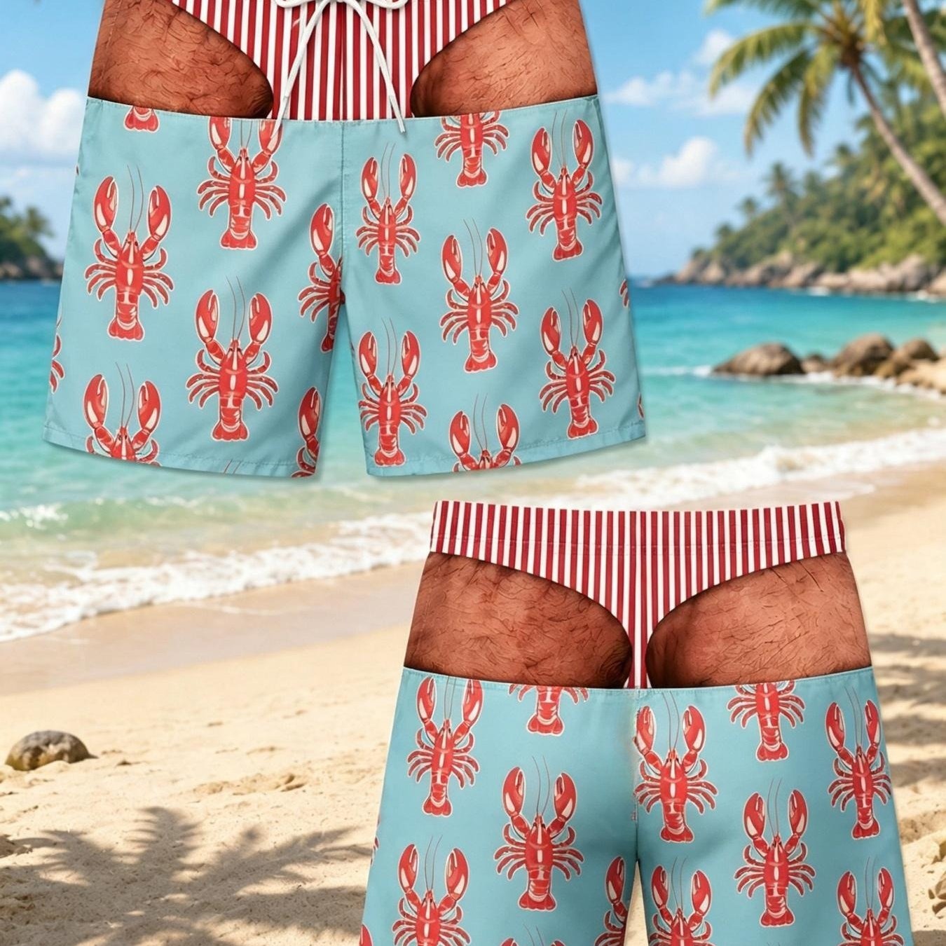 TEMU Men's Swim Trunks [printed Design - Not Textured] Men's Printed Casual Shorts With Humorous , Lobster Print Pattern, Featuring A Drawstring
