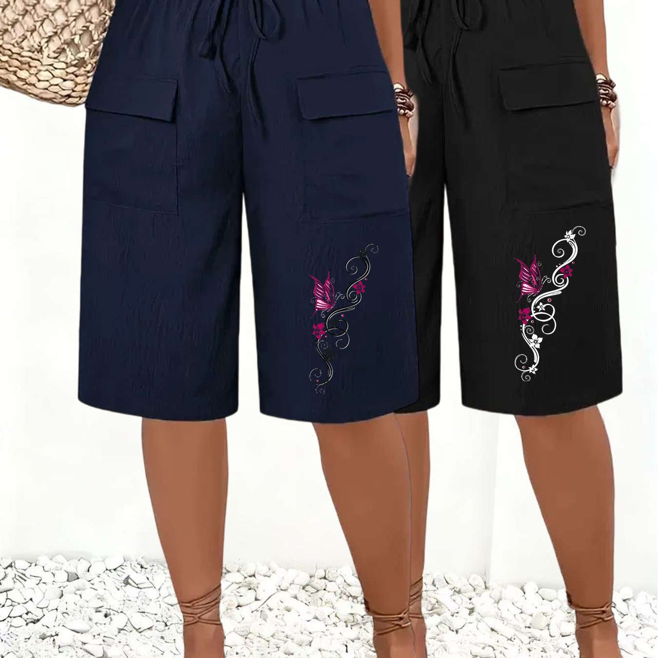 TEMU 2-pack Women's Shorts, Size Marked Athletic Casual Pants, Beautiful Individual Printed Bow Decor Women's Shorts, Spring Summer Women's Shorts