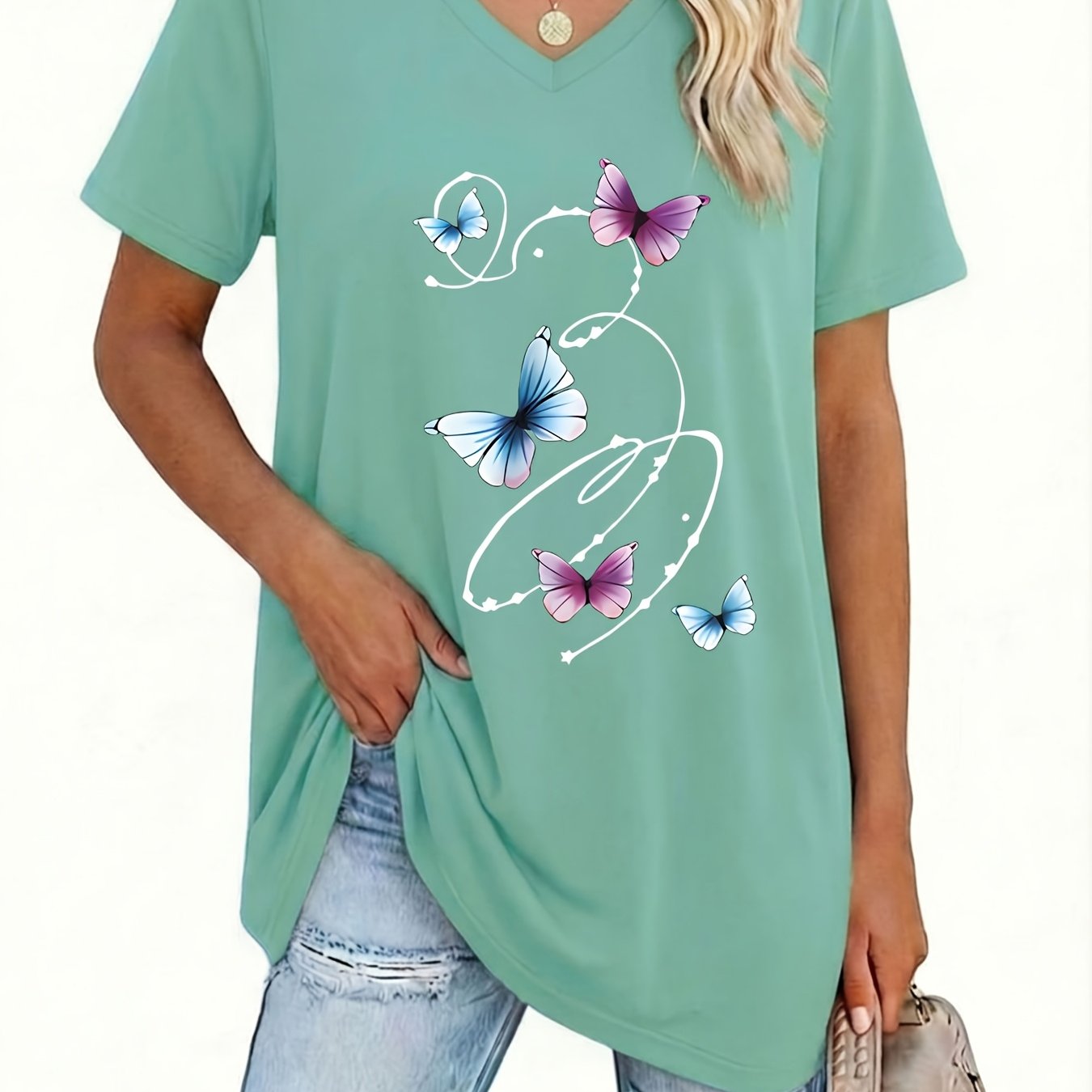 TEMU Plus Size Women's V-neck Short-sleeved T-shirt, Casual, Daily, Commuting, Versatile, Tummy, Print, Age-reducing