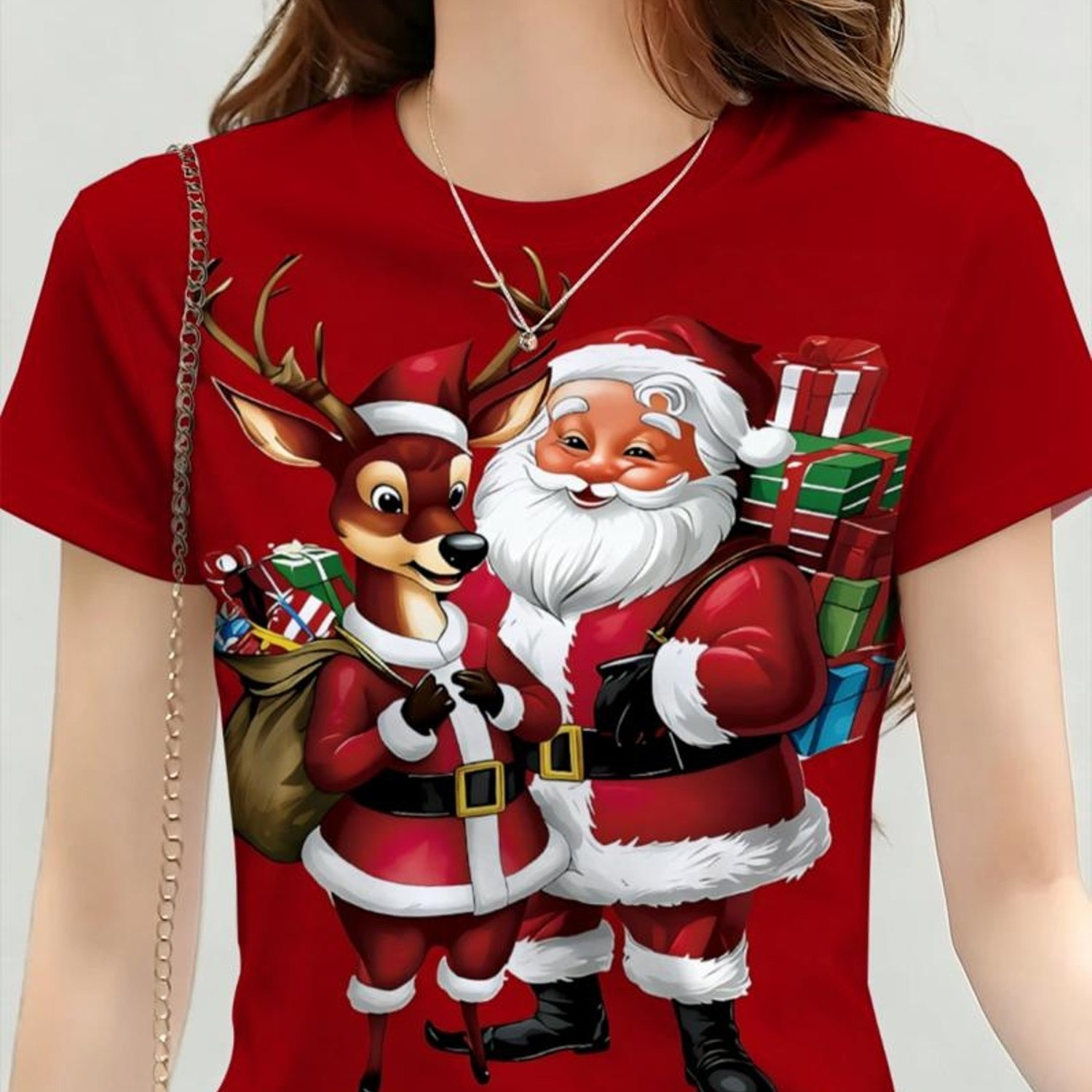 TEMU New Women's Printed Short-sleeve T-shirt With Santa Claus, Reindeer, And Holiday Gift Box Pattern, Suitable For Christmas Family , Holiday Short