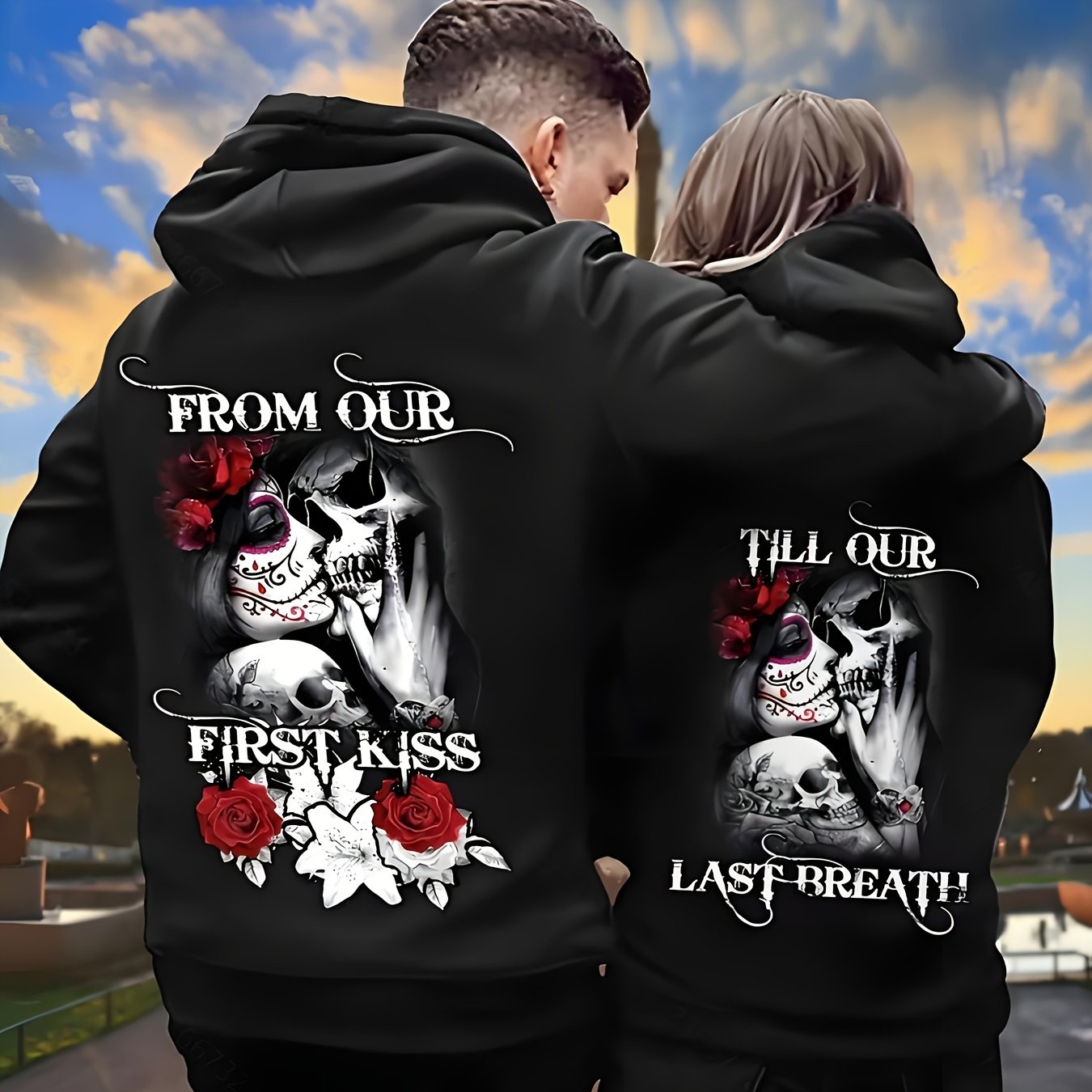 TEMU 2026 Plus Size Men's Sweat A Sporty Casual And Fashionable [gothic Couple ] Gothic Valentine's Day Couple 1pc Fleece Lined Sweat Kangaroo Pocket