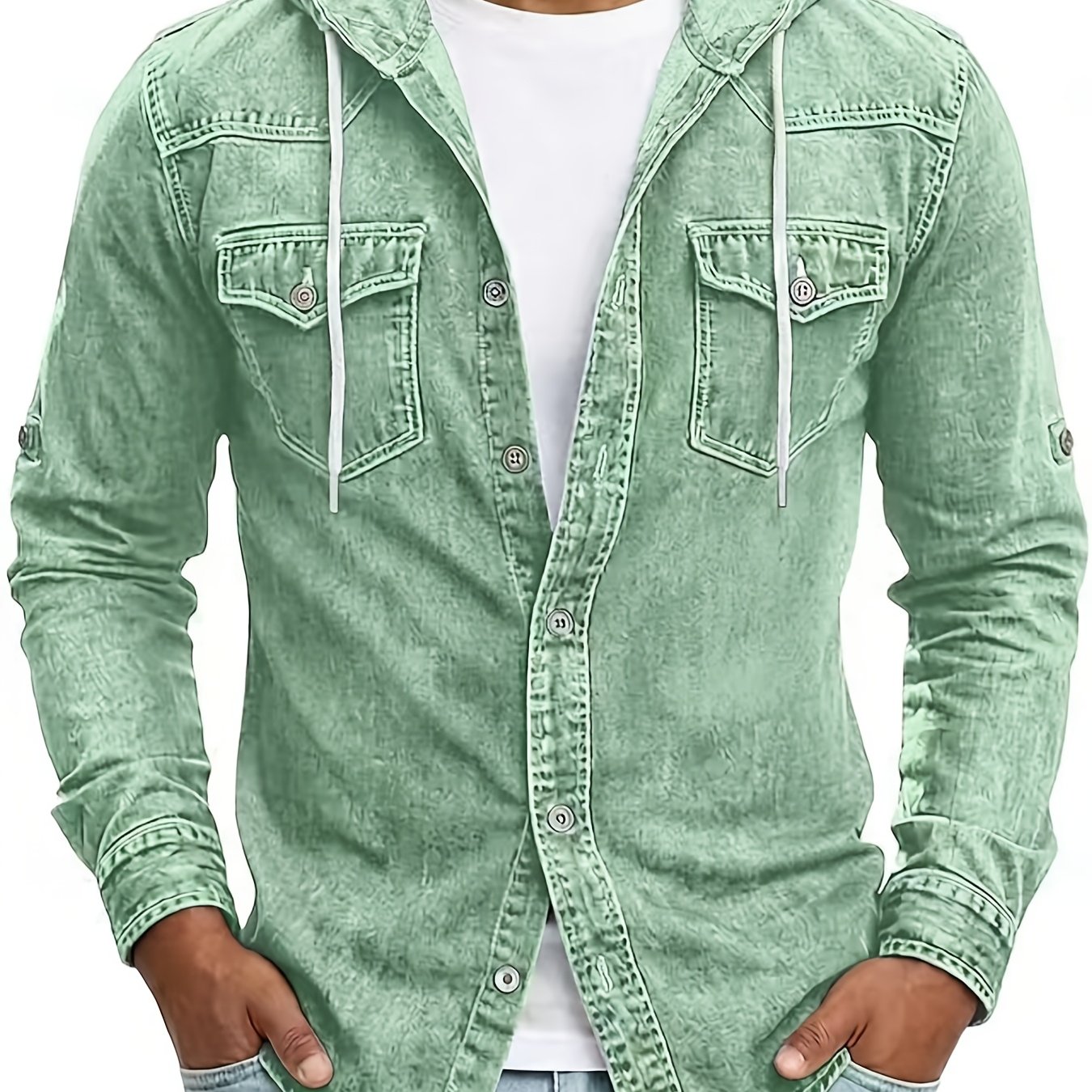 TEMU Men's Hooded Denim Shirt Jacket, Vintage Washed Long Sleeve Button-up Casual Denim Coat With Chest Pockets, Roll-up Sleeve Lightweight Outerwear