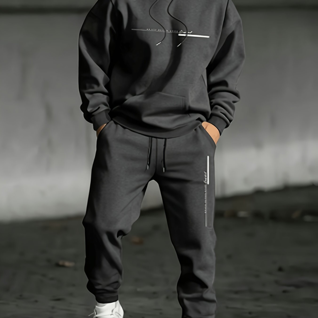 TEMU 2026 New Arrival. Men's 250g Heavyweight Hoodie & -lined Sweatpants Set With Print. 2pcs Tracksuit, Featuring Streetwear Style With Drawstring