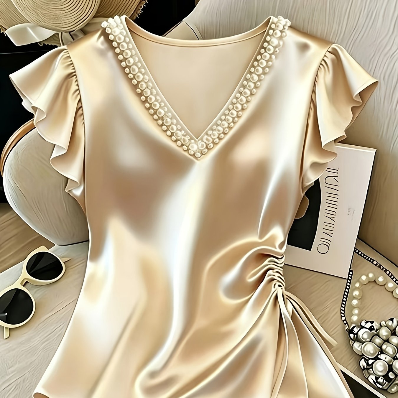 TEMU Women's V-neck Pearl-embellished Pleated Elegant Solid Color Satin Top, Ladies' Casual Ruffle Sleeve Satin Beautiful Blouse