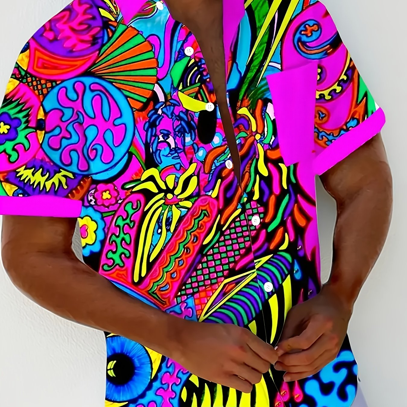 E-shop Herren Vintage Kurzarmhemd mit abstraktem 3D-Digitaldruck, Knopfleistentasche, 100 % Polyester, reguläre Passform, einreihig, Reverskragen,