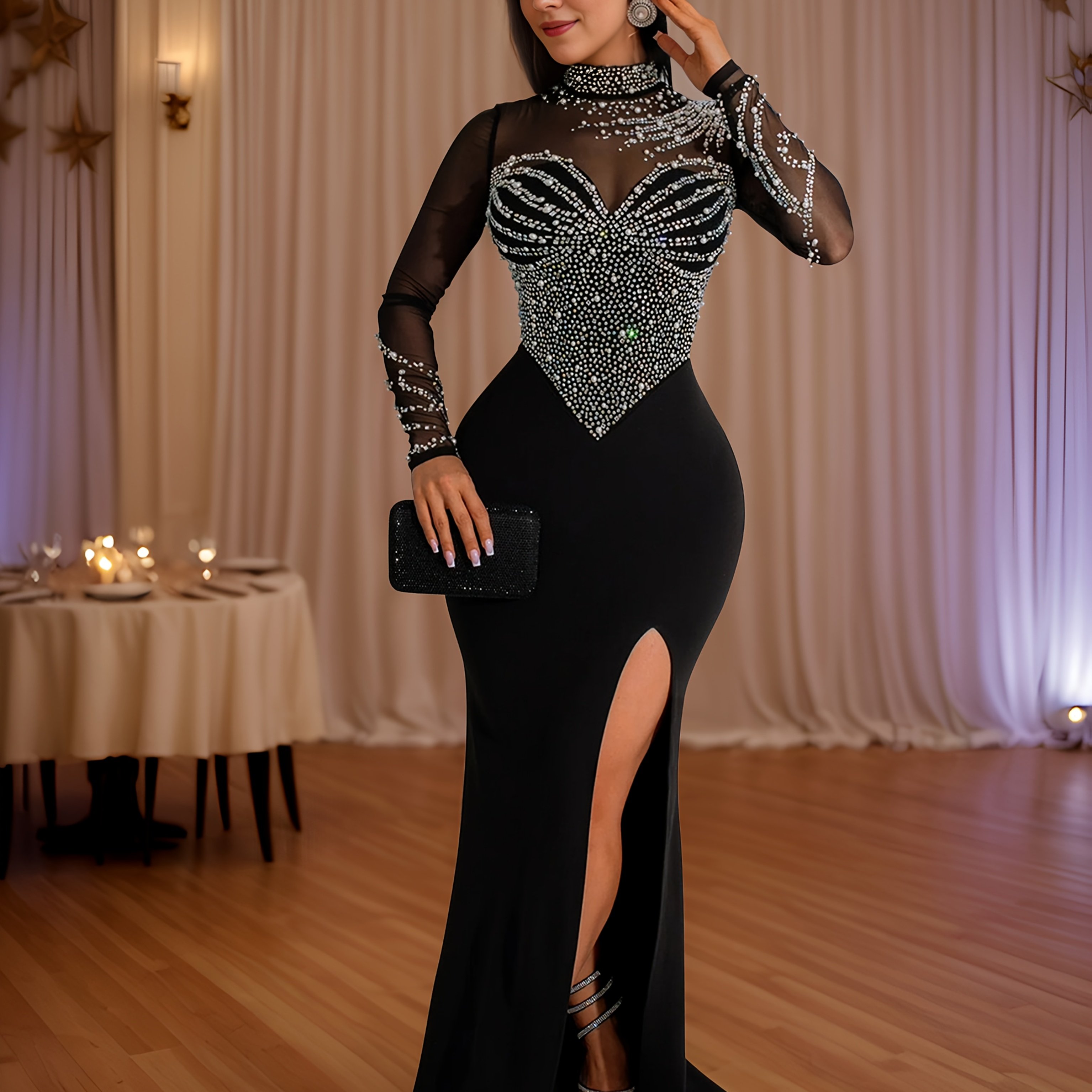 Image of Fashion Women' Color Mesh Sequin Slit Maxi Dress