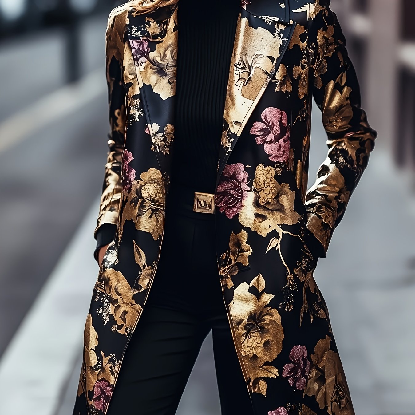 womens   length floral print suit jacket loose fit long sleeve single breasted   with pockets machine washable black   white tones for casual professional wear elegant outerwear luxury fabric sophisticated design