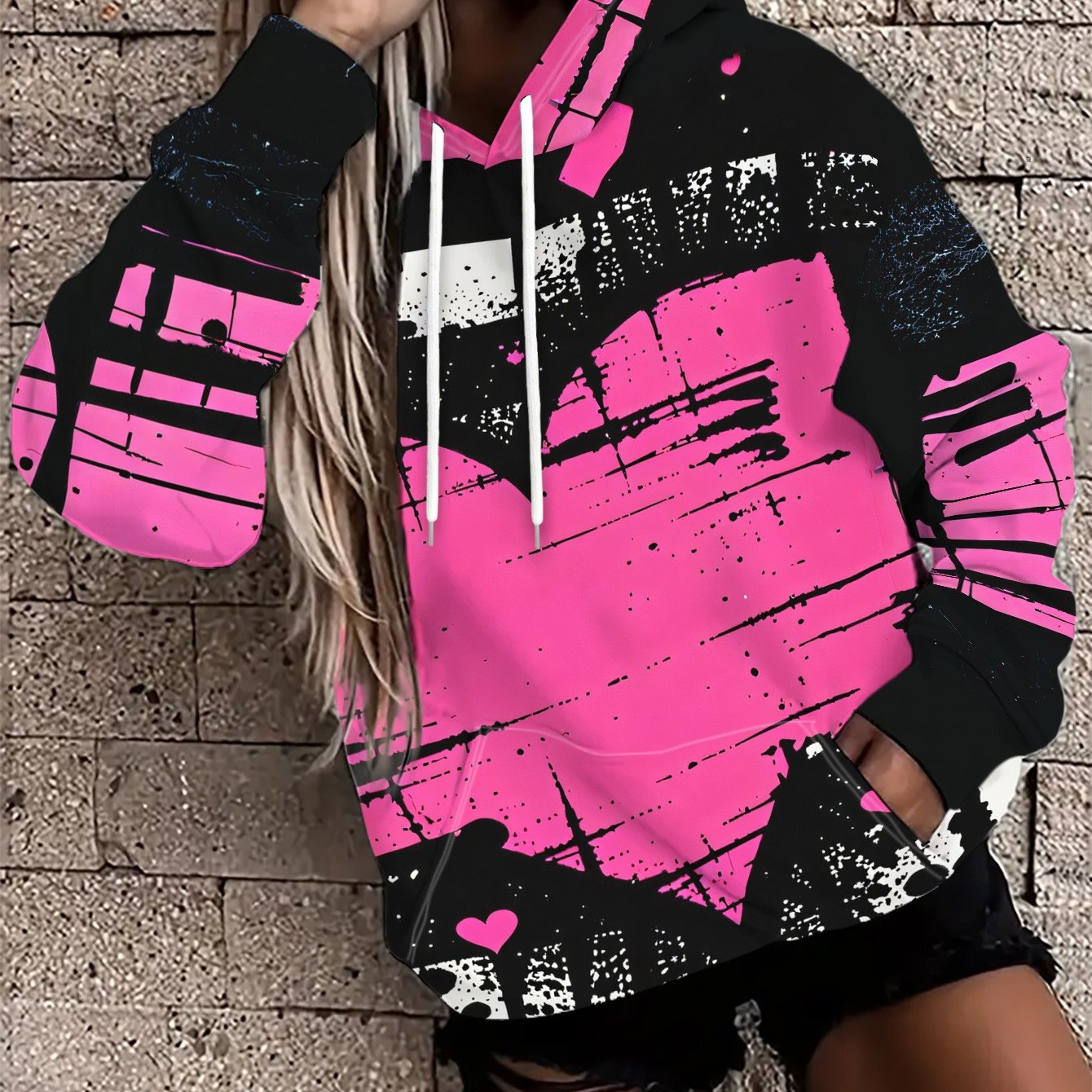 TEMU Fashion Women's Loose Style Hoodie In Black And Pink, Featuring A Graffiti-style , With Small Hearts - Stretch, , Individual , Loose Casual,
