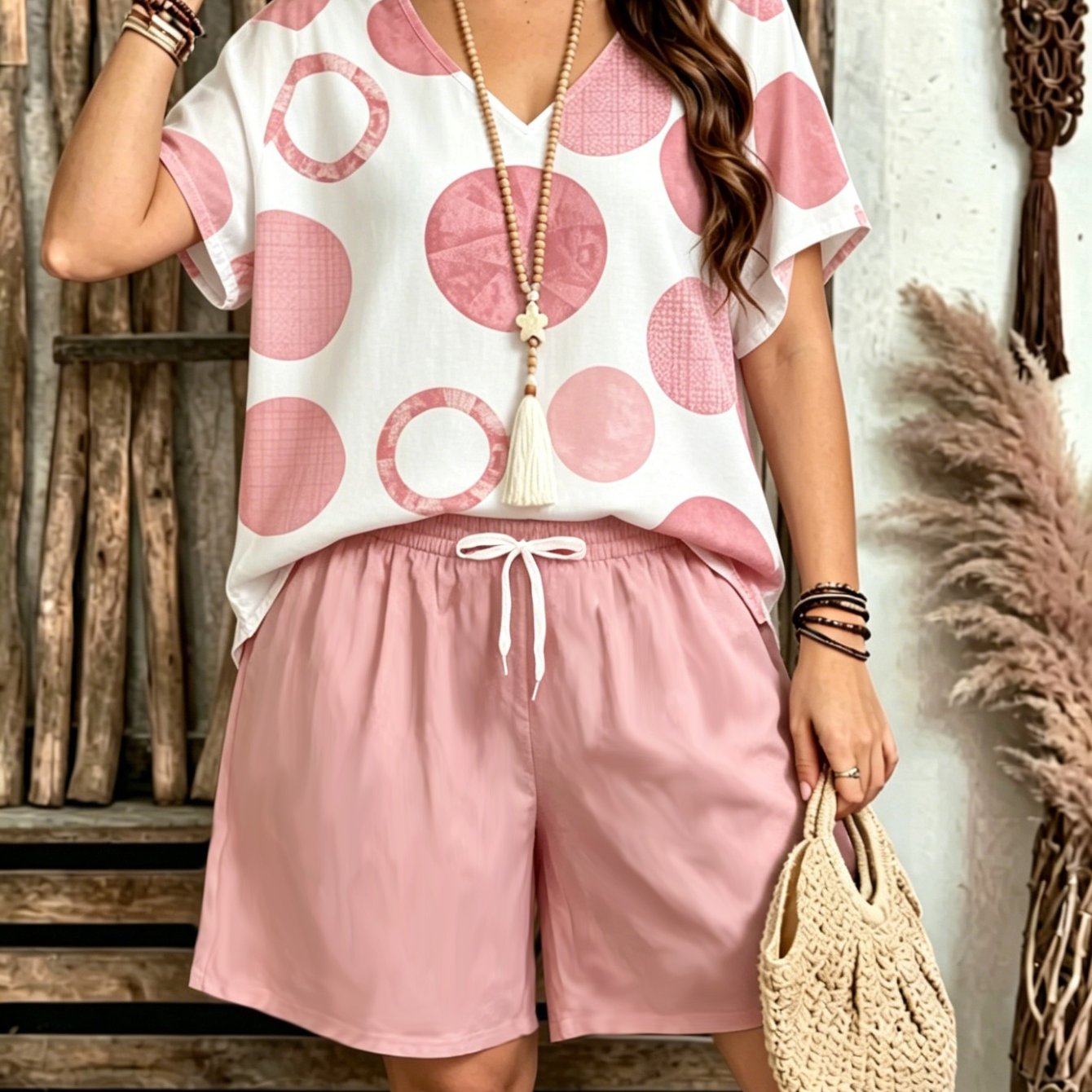 A Large-sized Women'-piece Set Featuring Short-sleeved V-neck And Batwing Sleeves With Drawstring Pockets And Shorts. The Design Features Multiple , Making It Stylish, Versatile