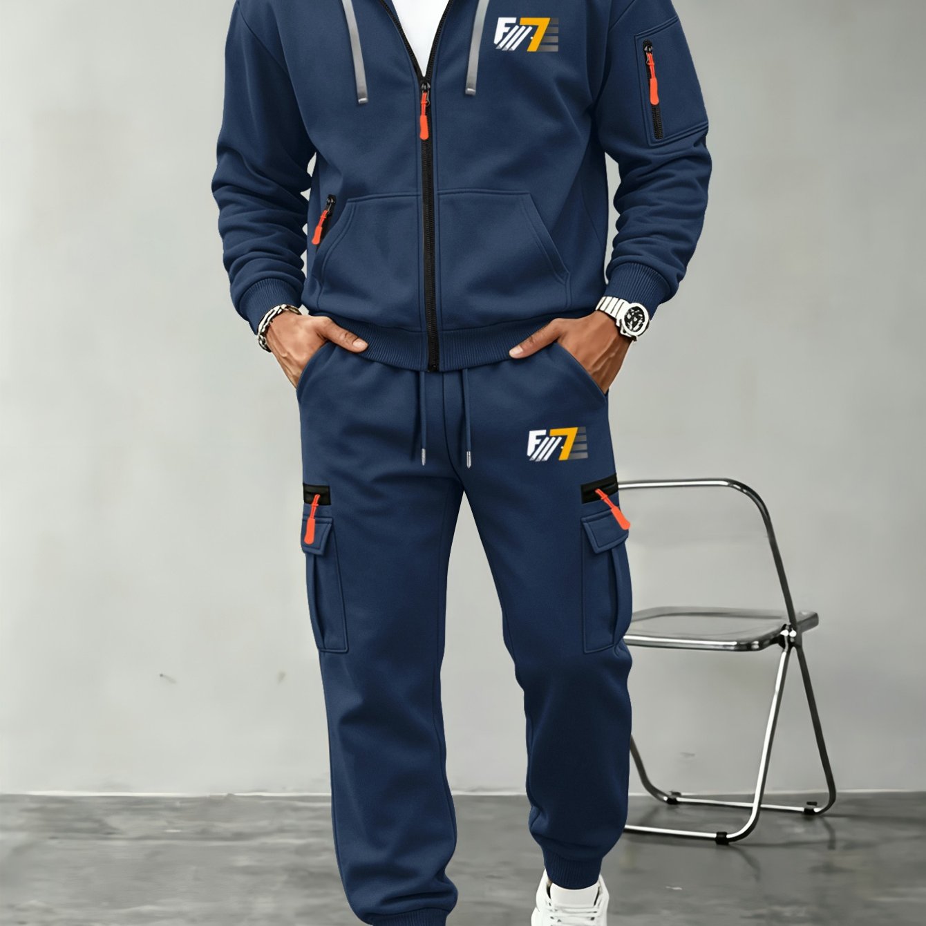 TEMU Men' Trendy Open Cardigan And Cargo Pants Set, Flowing Striped Matching F7 Logo Pattern Layered Athletic Two-piece Outfit