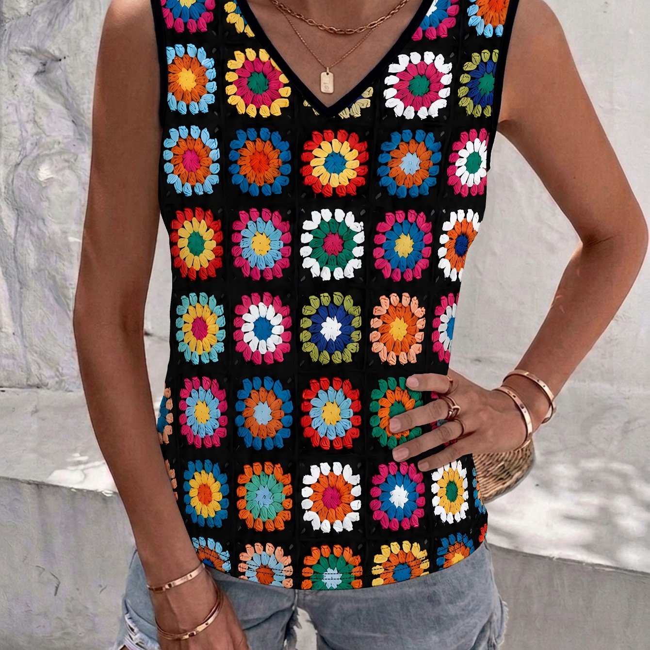 TEMU Teediy Women's Crochet Daisy Full-body Print V-neck Tank Top - Non- Suitable For Summer Beachwear, Casual, Machine Washable Stretchy Top For